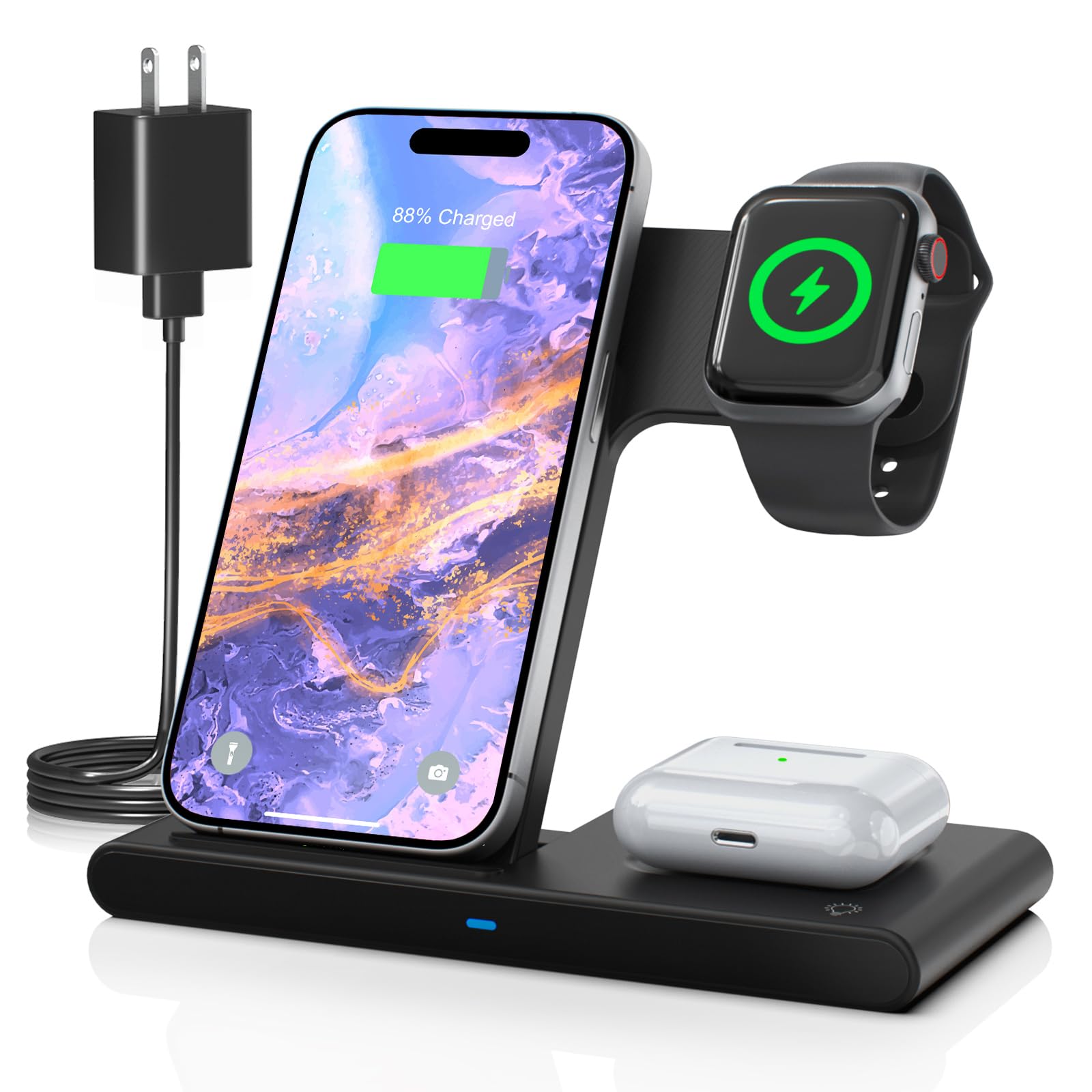 3-in-1 Wireless Charging Stand Dock,Portable for Bedroom, Office and Travel, Compatible with iPhone 17/16/15/14/13/12 Series, for Apple Watch Ultra/SE/Series 11–2 and for AirPods Pro 4/3/2