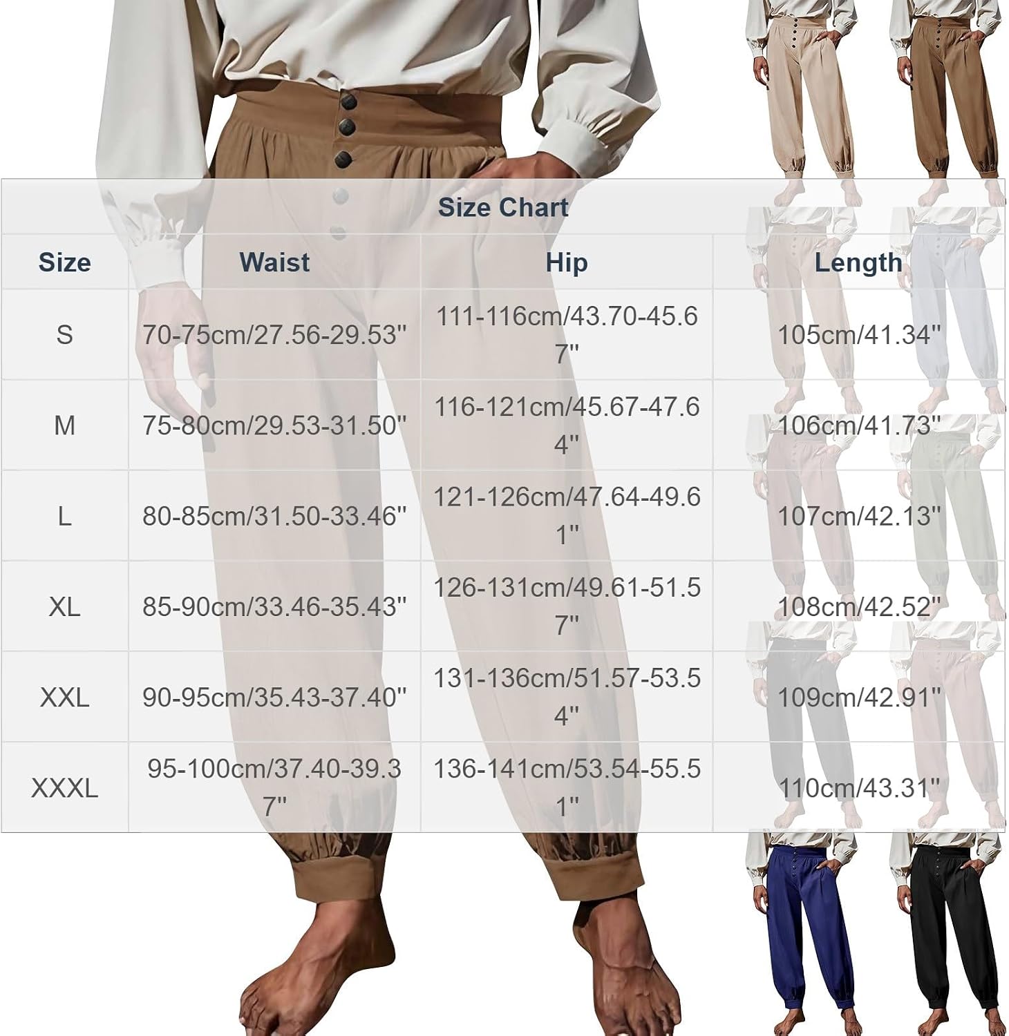 Mens Renaissance Pirate Pants High Waist Button Front Loose Pants Medieval Gothic Vintage Casual Costume Trousers