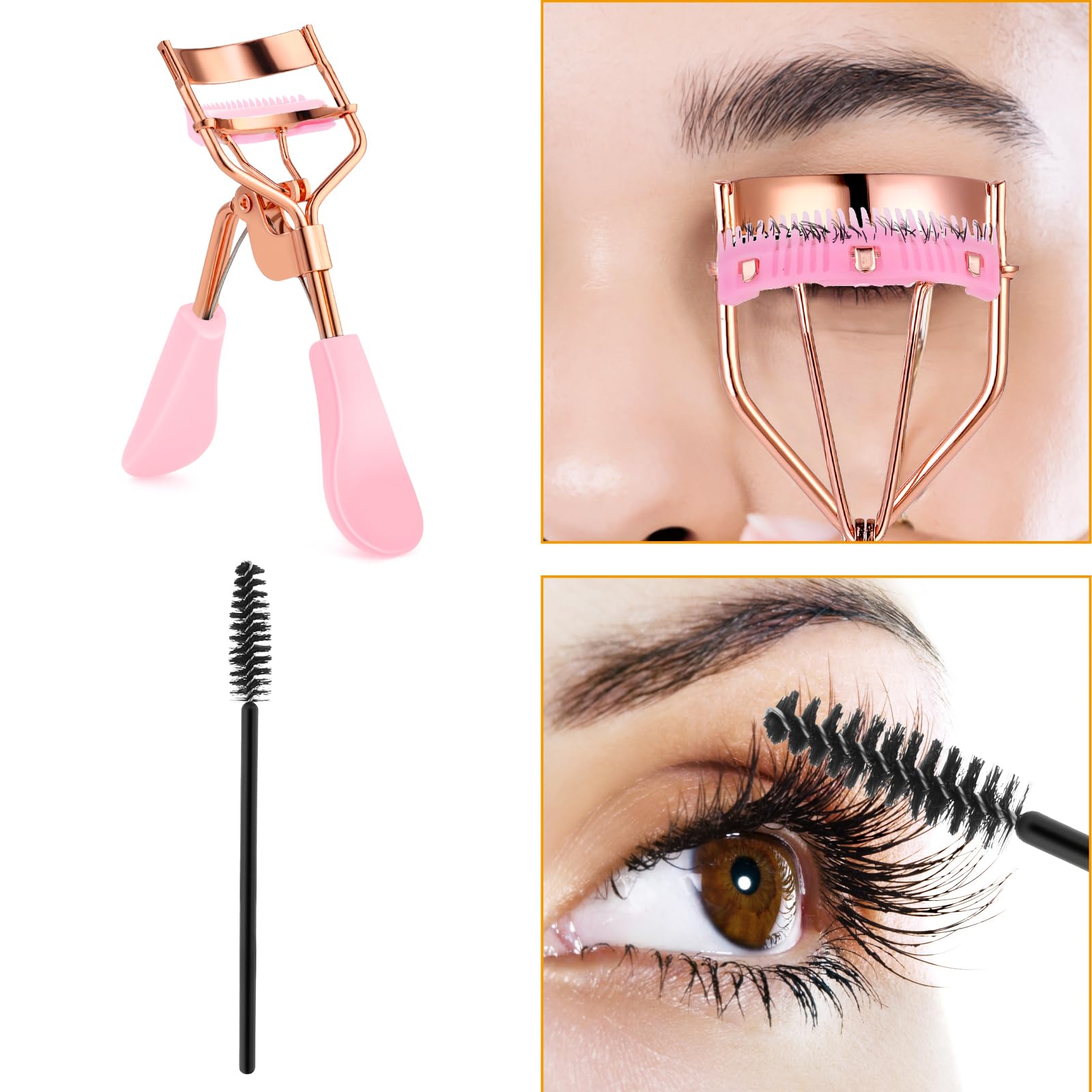 Rizador de pestañas de acero inoxidable con 10 almohadillas de repuesto de silicona, herramienta de maquillaje profesional con peine integrado para mujeres y niñas de todas las formas de ojos