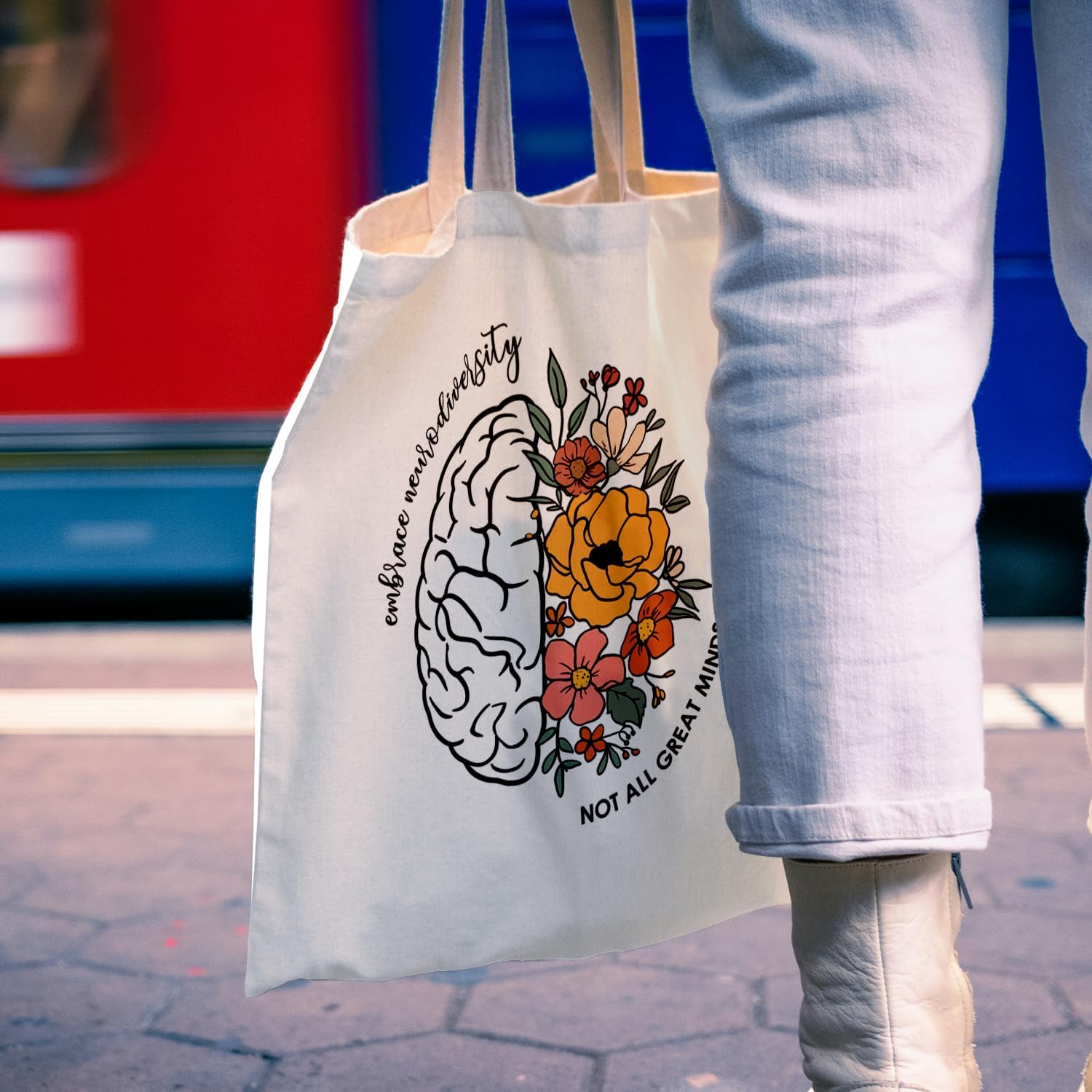 Inspirational Neurodiversity Tote Bag, Autism Awareness Floral Canvas Tote Bag for Women, Mental Health Gifts for Women, Special Education Teacher Gifts, Reusable Grocery Bags Shopping Bags - Image 3