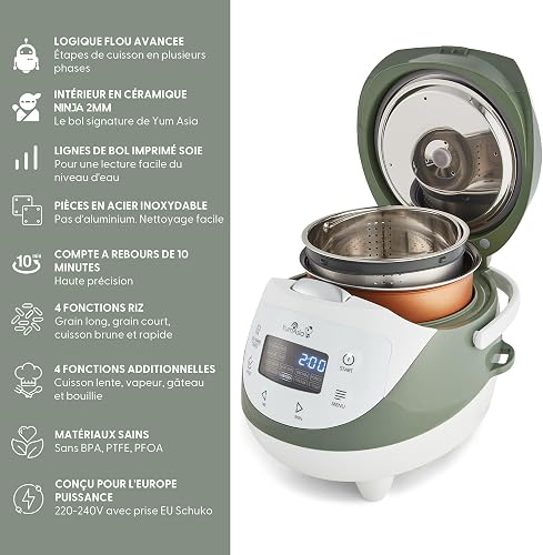 Yum Asia Panda Mini Rice Cooker With Ninja Ceramic Bowl and Advanced Fuzzy Logic (3.5 cup, 0.63 litre) 4 Rice Cooking Functions, 4 Multicooker functions, LED display, 220-240V (Whire and Sage Green) - 3
