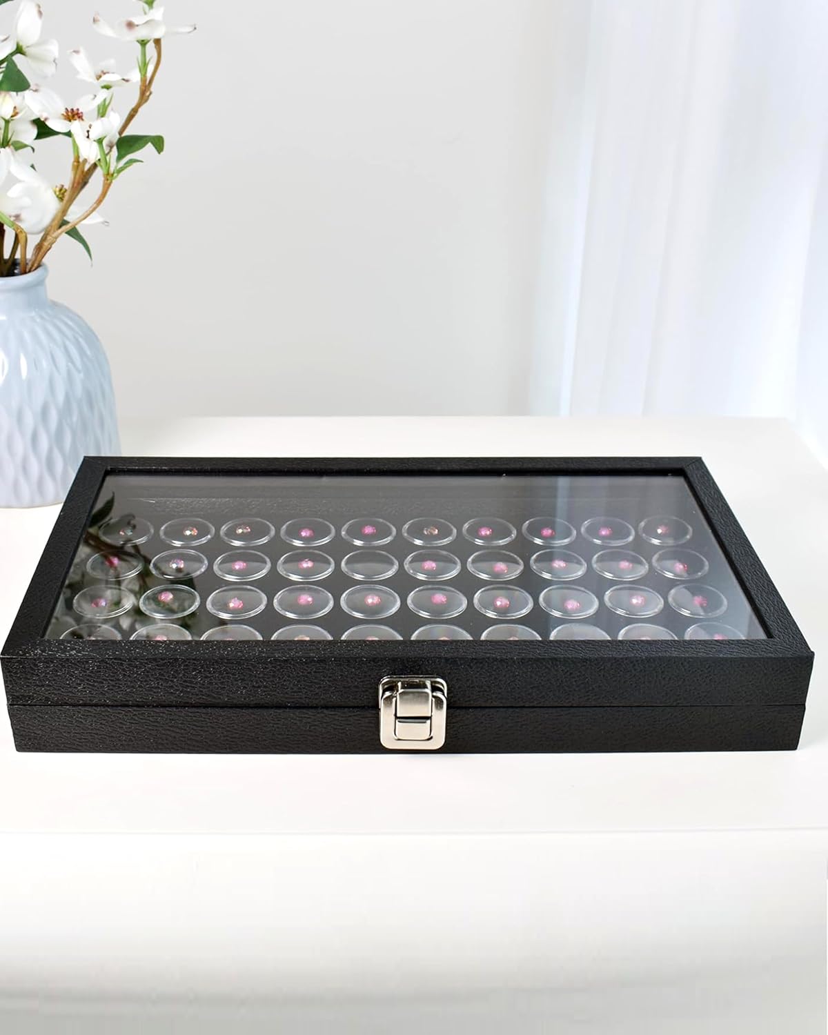 Novel Box Gem Display Case 14.75x8.25x2.1 + Small Size 50 Gems Jars | Fossil Display Case with Lid & Black Tray Foam Liner | Rock Storage Box with Metal Clasp | Display Cases for Collectibles