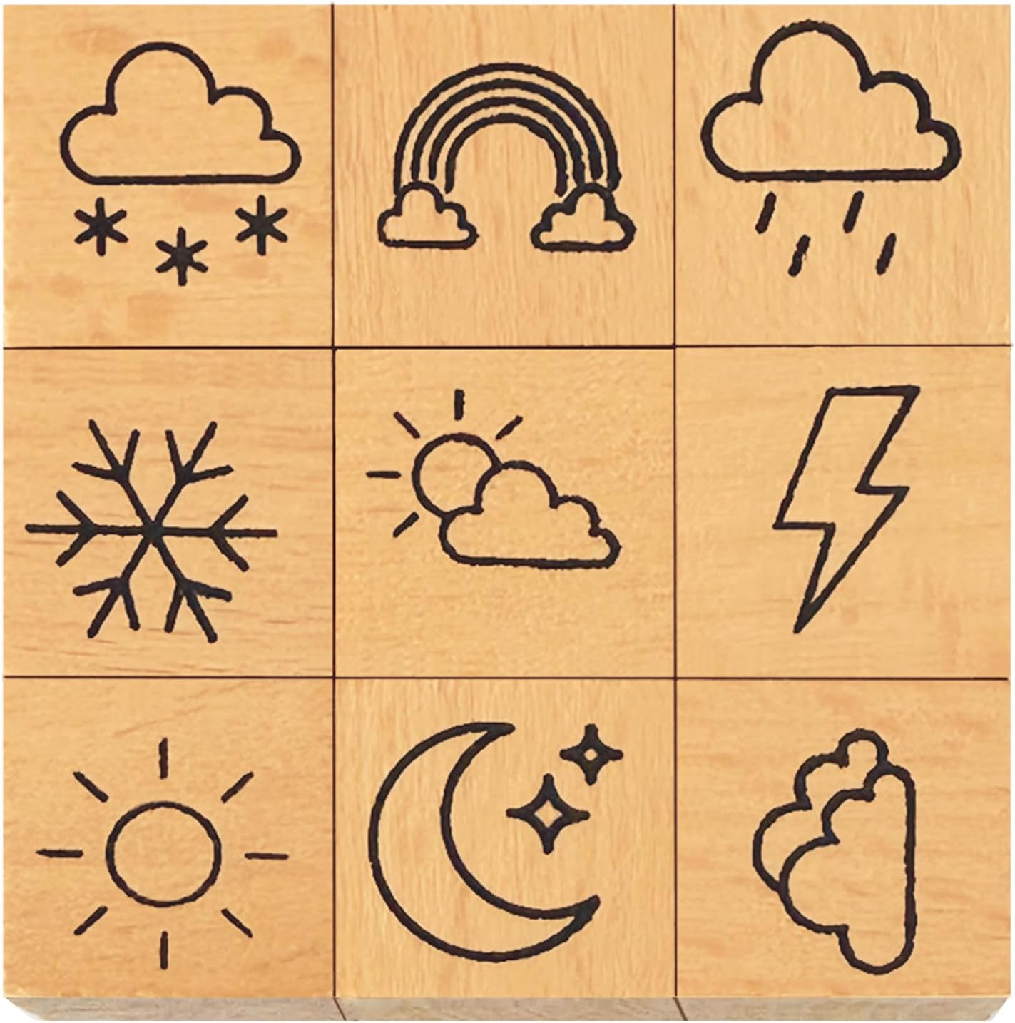 9 Pcs 3/5 Inch Small Weather Wood Rubber Stamps Set, Sun, Moon, Cloud, Lightning, Rain, Snow, Snowflake, Rainbow for Diary Planner, Scrapbooking, Card Making, Journal Decor and Bullet Journal