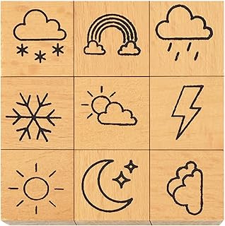 9 Pcs 3/5 Inch Small Weather Wood Rubber Stamps Set, Sun, Moon, Cloud, Lightning, Rain, Snow, Snowflake, Rainbow for Diary Planner, Scrapbooking, Card Making, Journal Decor and Bullet Journal