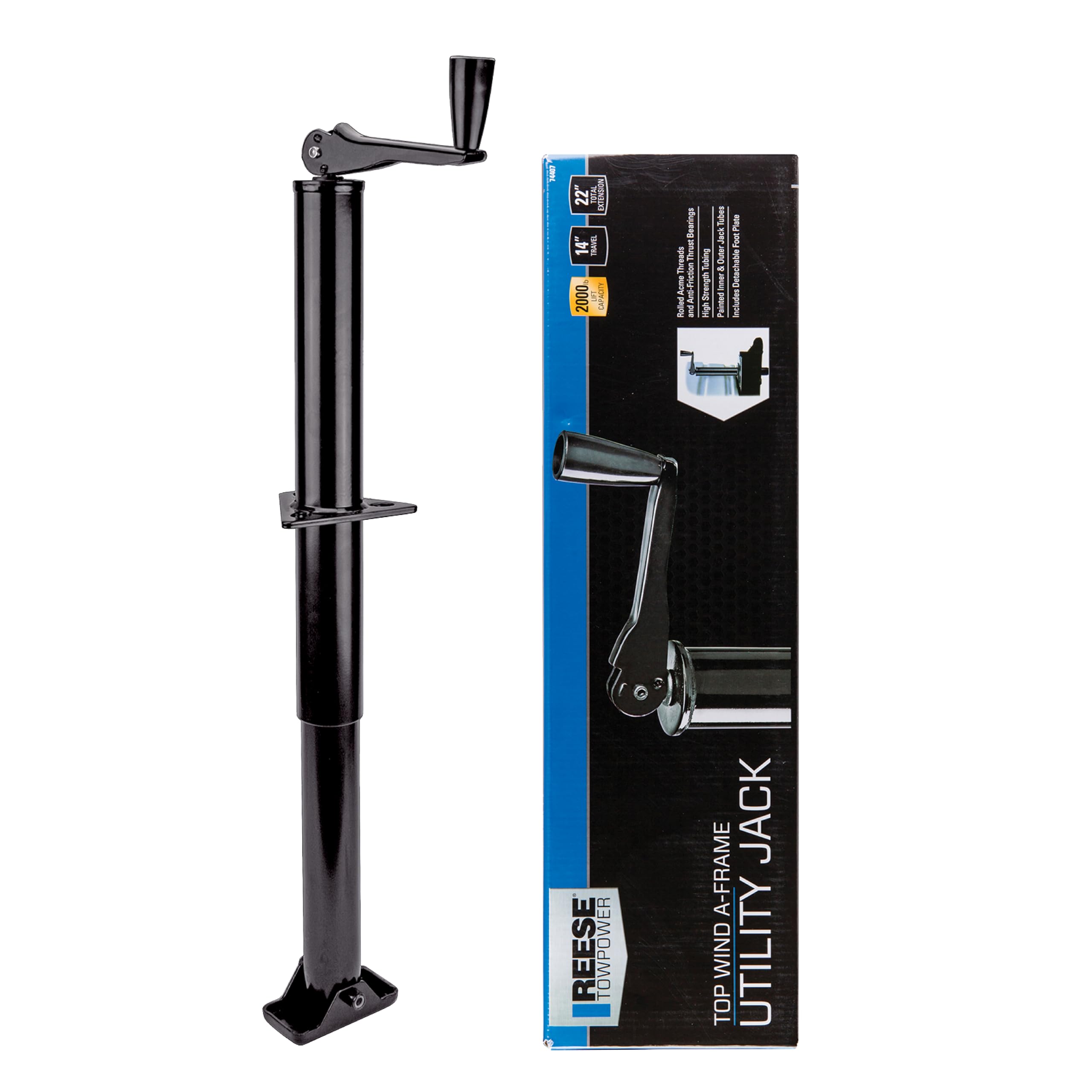 74407 Round Trailer Jack, A-Frame, 2,000 lbs. Lift Capacity, Topwind, Bolt-On, 14 Inch Travel.