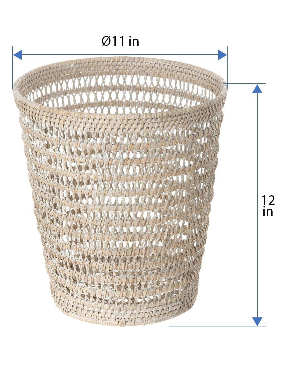 Kouboo La Jolla Rattan Mesh Waste Basket – Round Trash Can for Bathroom, Bedroom, Office – Boho Wicker, Bathroom Storage, Small Garbage Bin for Home Decor & Storage Basket, White Wash
