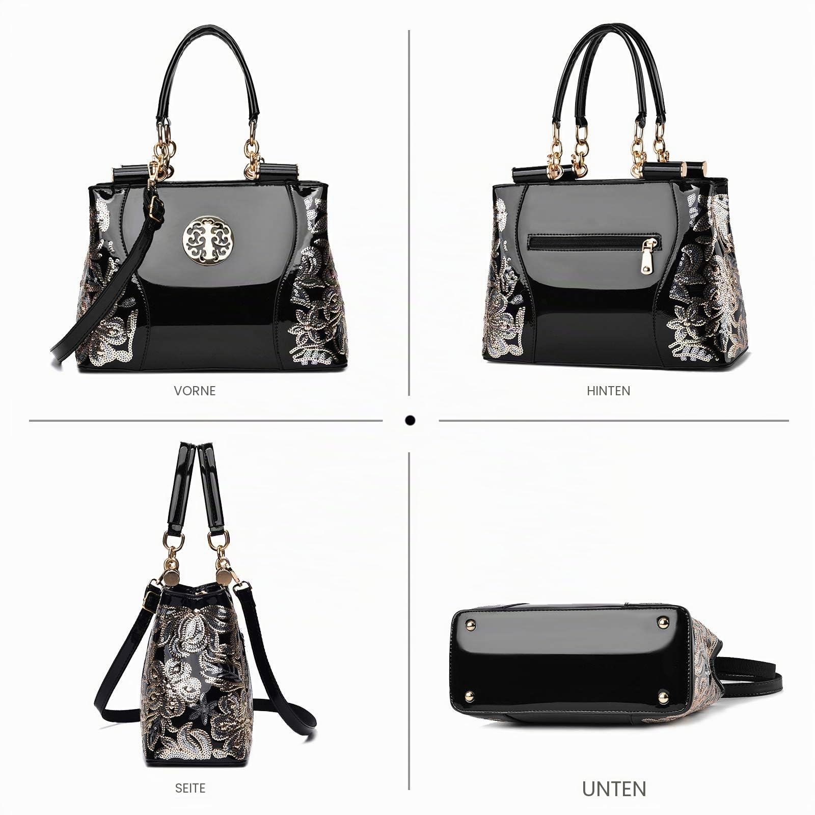NICOLE & DORIS Lackleder Handtasche Damen Umhängetaschen Elegante Schultertasche Frauen Shopper großer Kapazität Henkeltasche mit Stickerei