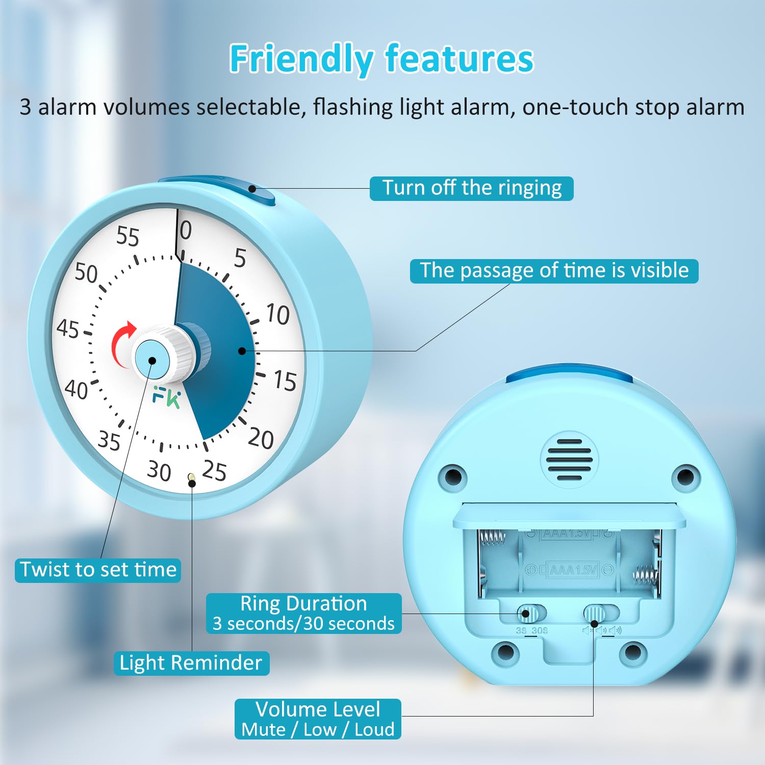 Timer Visivo Per Bambini 60 Minuti – Conto Alla Rovescia Colorato, Silenzioso, Per Aula, Cucina E Studio (Blu Chiaro)