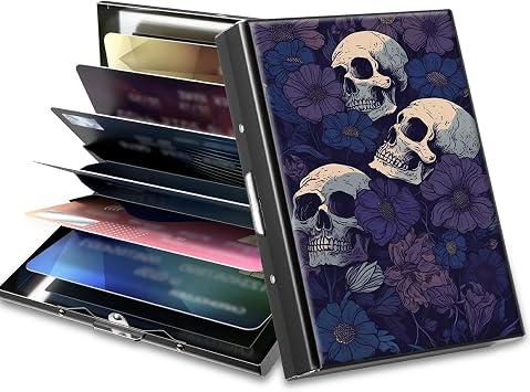 Slim Credit Card Holder, Purple Flower Skull RFID Blocking Metal Wallet for Men & Women, Aluminum Minimalist Hard Case Pocket-Sized Business Cards Organizer Fits Up to 10 Cards