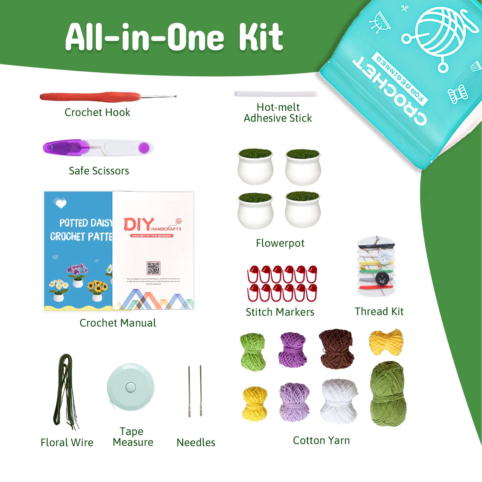 Madwave Kit de ganchillo para principiantes para adultos y niños, serie de 4 bonitas margaritas con juego completo de bricolaje, tutoriales en video paso a paso, hilo, gancho y todos los accesorios