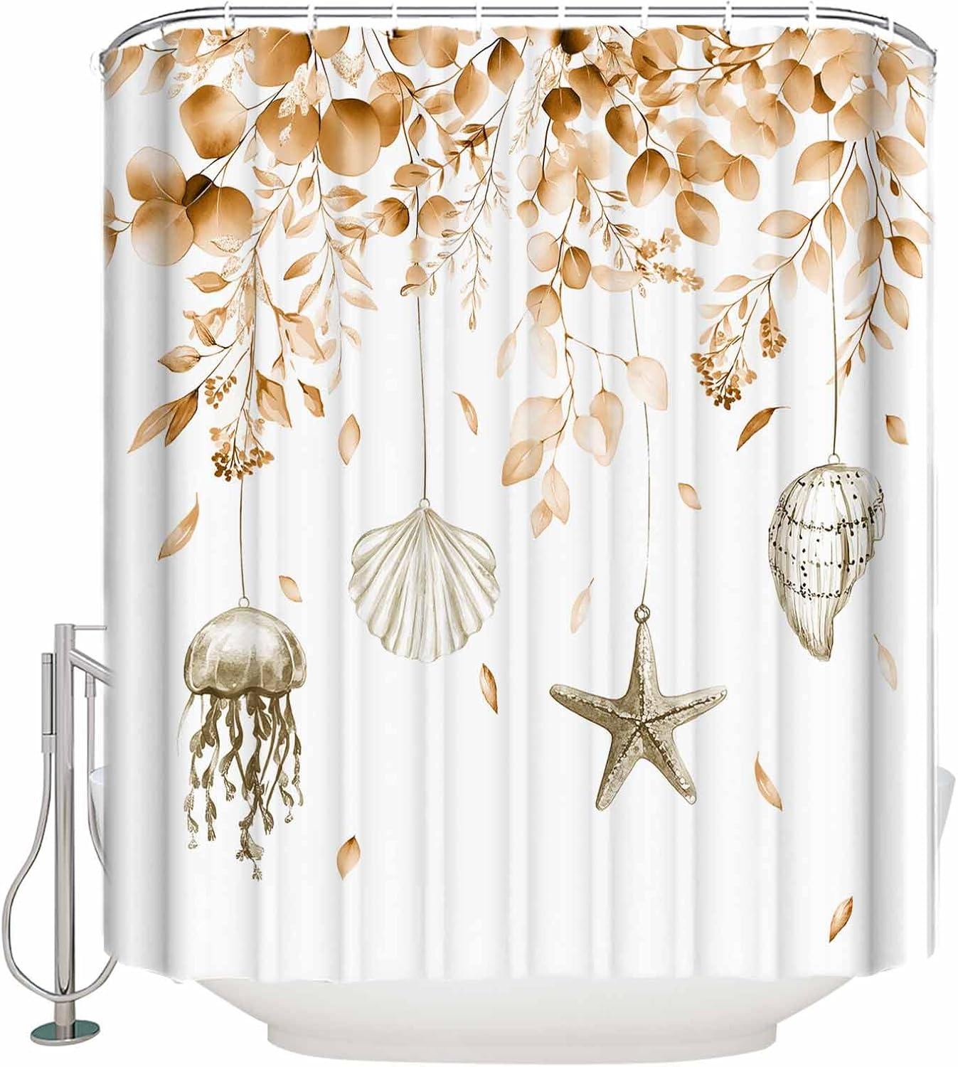 Coastal Eucalyptus Shower Curtain Set with Hook 66" x 72",Starfish Jellyfish Shell Orange White Washable Cloth Polyester Fabric Shower+Curtain,Waterproof Bath Curtains for Bathroom,Showers,Bathtubs