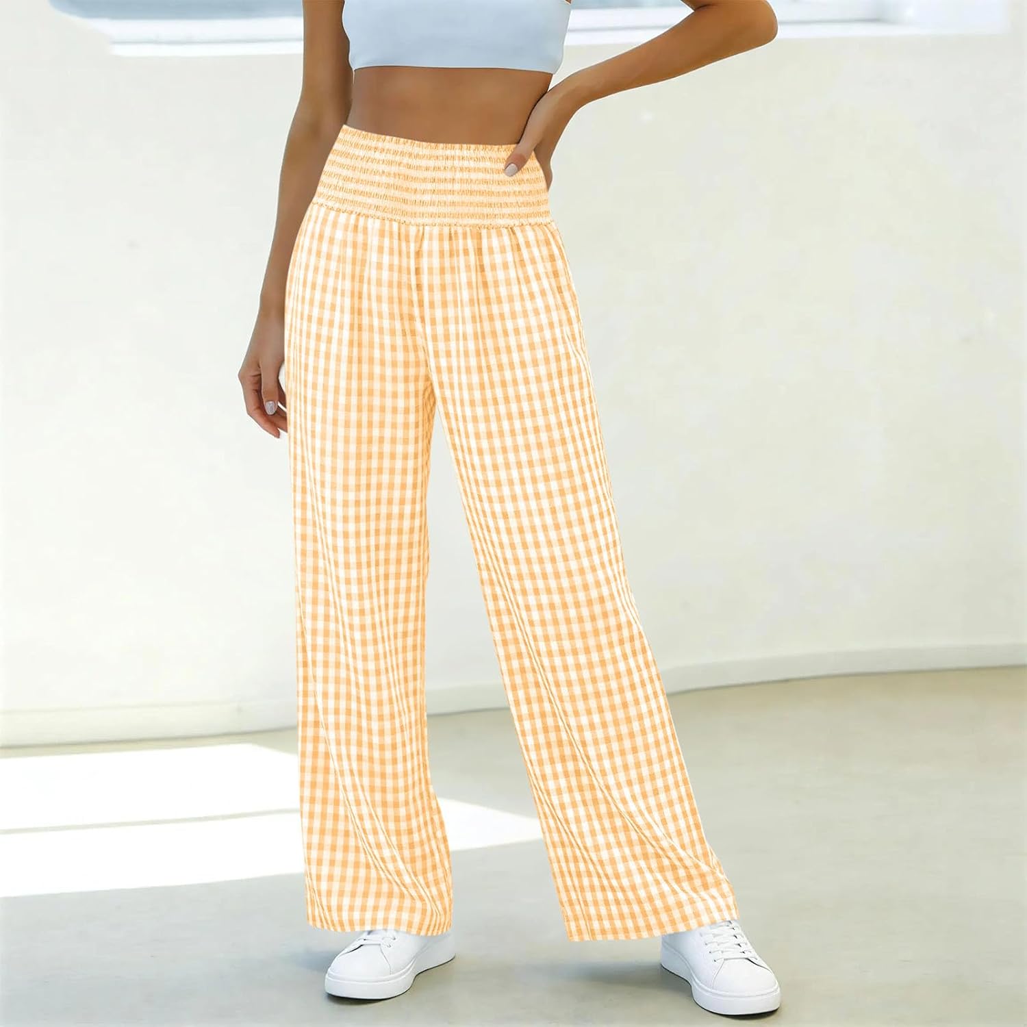 Womens Plaid Pants Casual Baggy Wide Leg Pajama Lounge Trousers Palazzo Pants Beach Vacation Outfits with Pockets