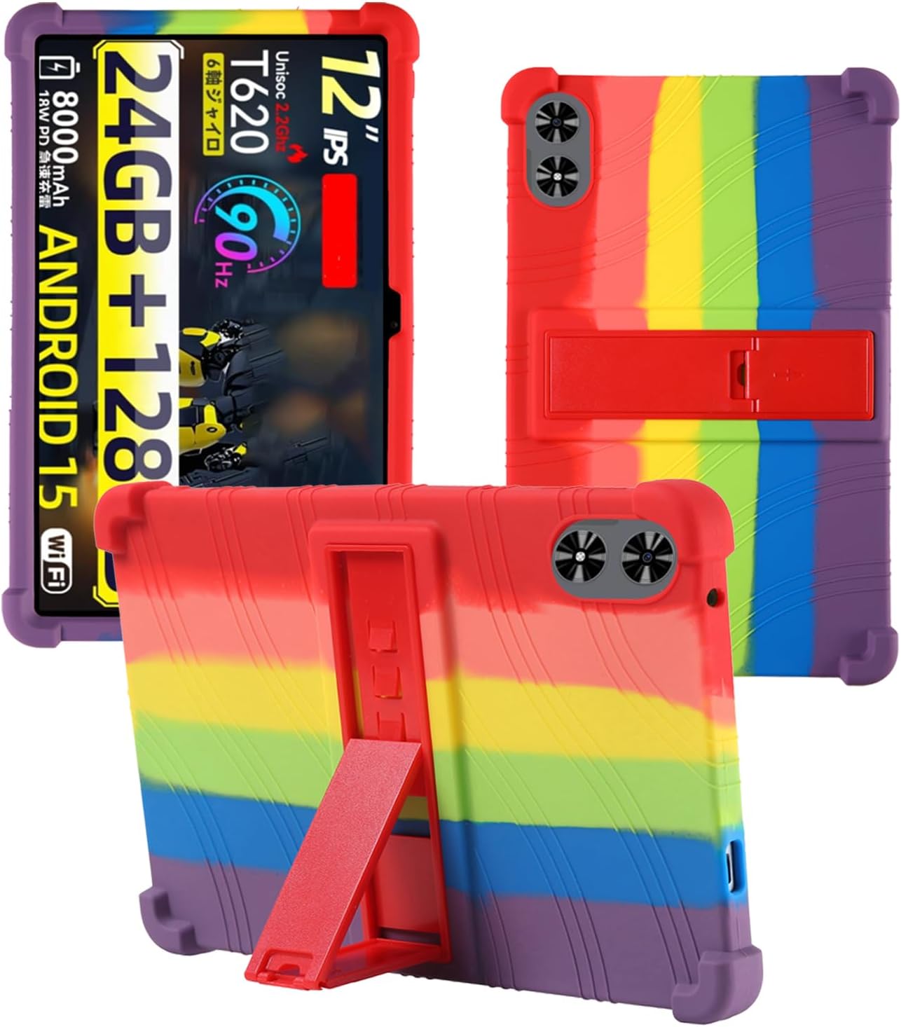 Case for SVITOO P12 Android 15 Tablet 12 inch,WUNIAK Shock Proof Lightweight Stand Rubber Shell Protective Cover,Kids Friendly Soft Silicone Adjustable Stand Cover,Rainbow