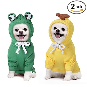 2 Pieces Hooded Dog Clothes Banana Frog Warm Dog Sweater Cold Weather Dog Coat Yellow Green Autumn Pet Clothes for Puppy Small Dog