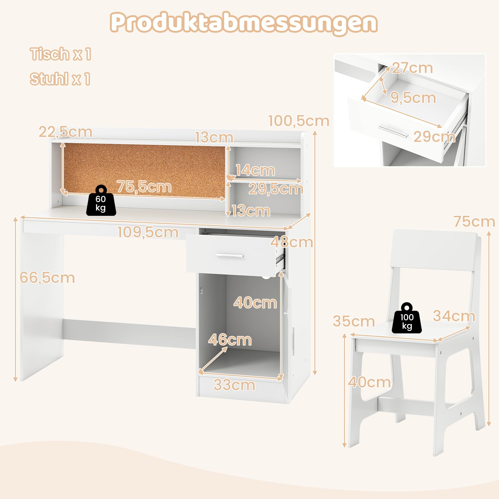 DREAMADE Schreibtisch Kinder mit Stuhl, Schülerschreibtisch aus Holz mit Schublade & offener Ablagefächer & Regal & Pinnwand, Jugendschreibtisch Schreibtischsets für Kinder ab 3 Jahren (Weiß)