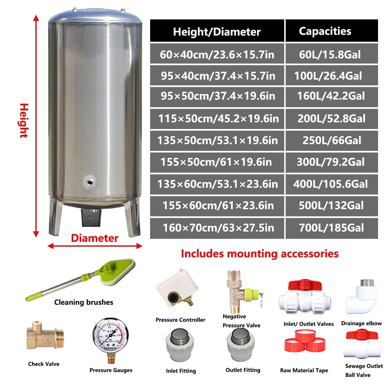 Depósito de presión de agua con bomba de pozo, sistema vertical grande de acero inoxidable con puerto de purga y kit de montaje