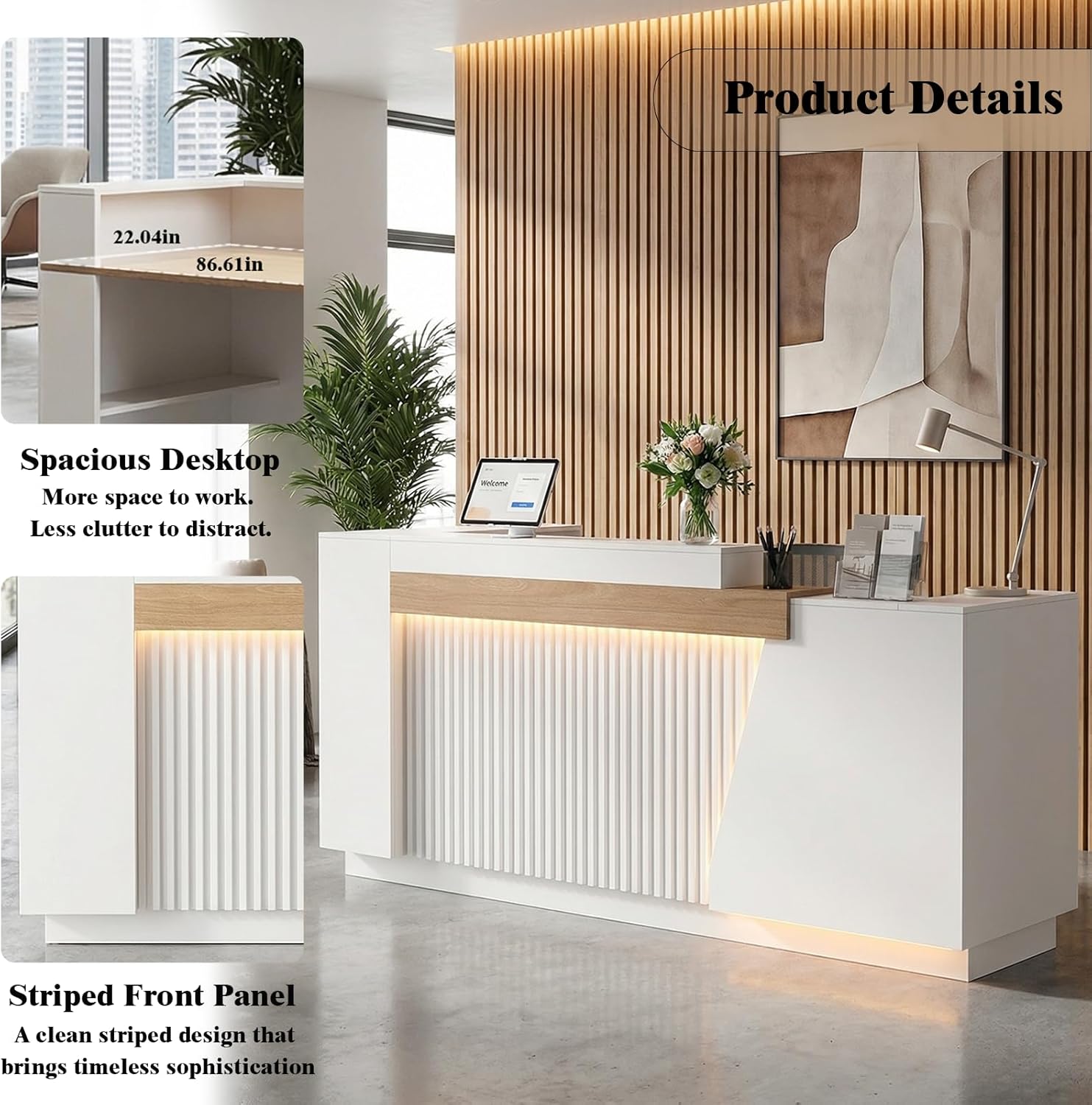 Modern Reception Desk with LED Lights & Built-in Outlets, 63” L-Shaped Front Desk with Slatted Grille Design,White Checkout Counter for Salon, Retail Store, Office, Dimmable Switch