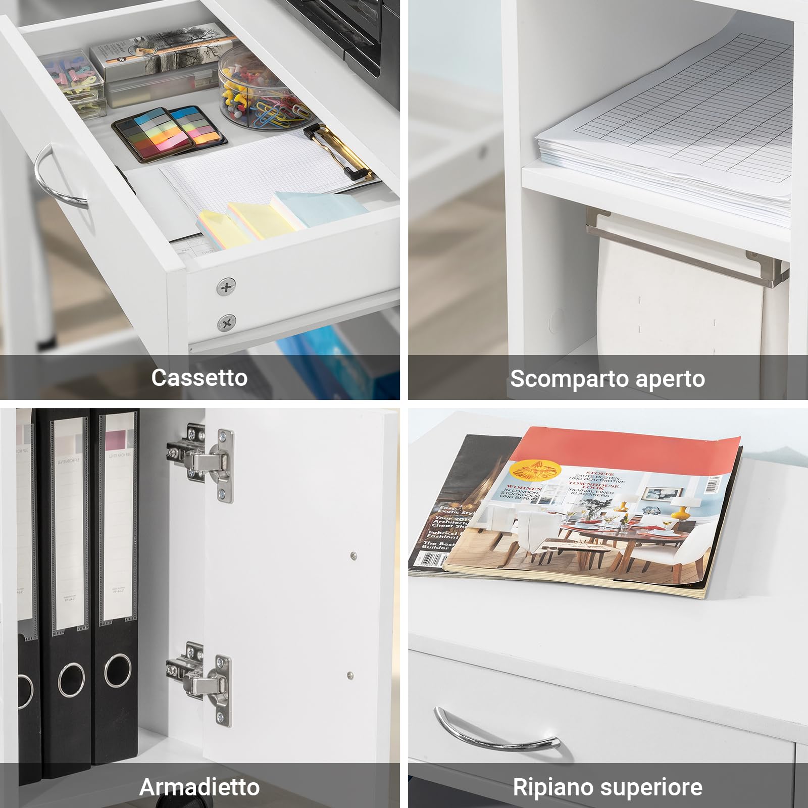 SoBuy Cassettiera Ufficio Cassettiera Scrivania con Ruote Porta Stampante Schedario da Ufficio con Cassetto, Anta e Ripiani Tavolino Salvaspazio Bianco 50x40x75cm FBT106-W