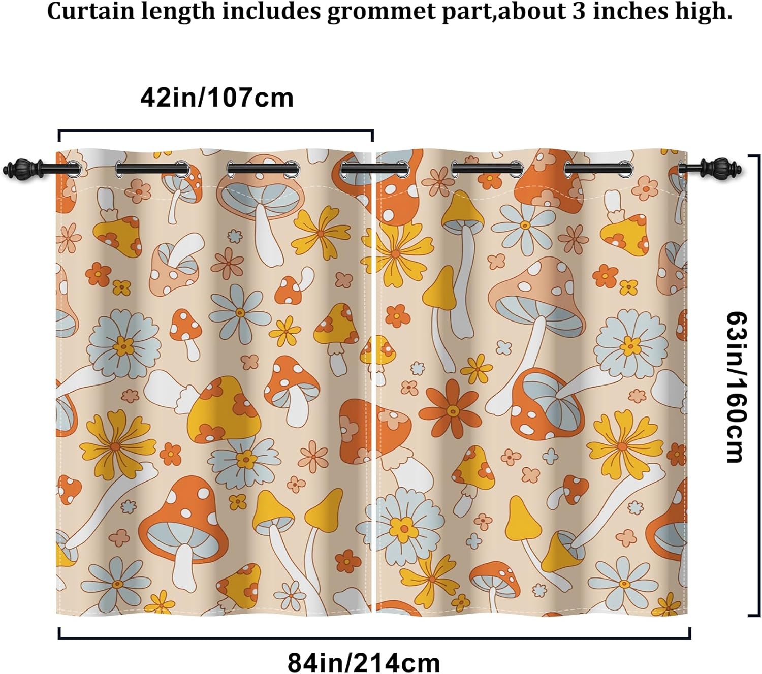 Renaiss Daisy Mushroom Window Curtains Boho Flower Mushrooms Decorative Blackout Drapes Retro 70s 60s Hippie Groovy Grommet Window Treatments for Kitchen Bedroom Living Room 42x63 Inches x 2 Panels