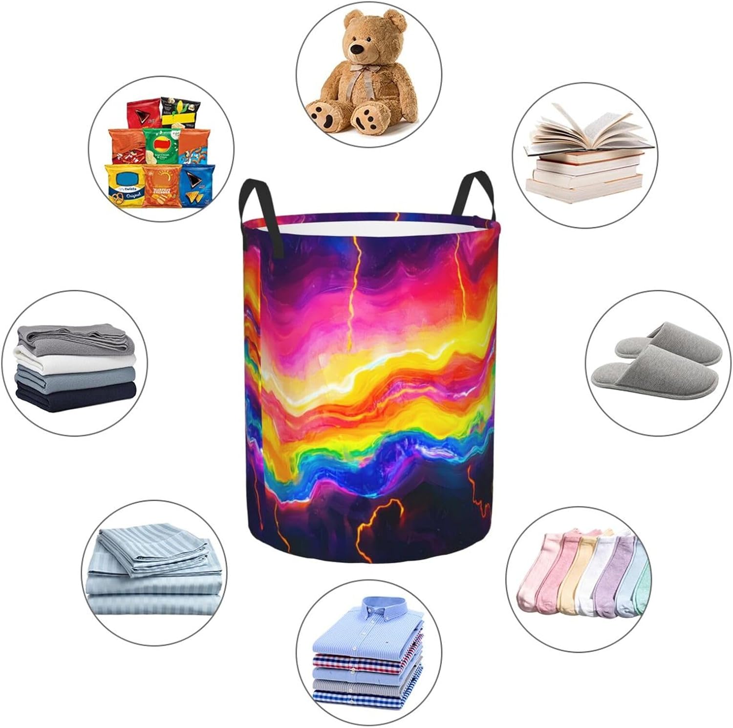 Colorful electric current Round Single-layer Laundry Basket, Portable Storage Laundry Basket, Bedroom Clothes Storage Basket with Handle