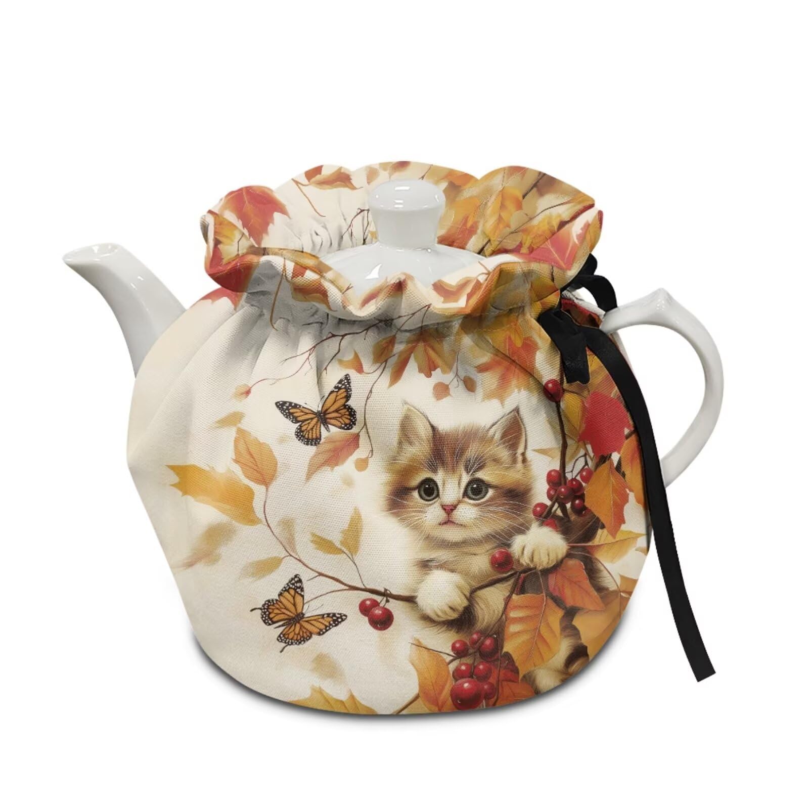 Xoenoiee Fall Leaf Tea Cozy Tea Cosy for Teapots Keep Warm Cat Butterfly Teapot Cover Insulated Kettle Cover for Home Kitchen Table Decor