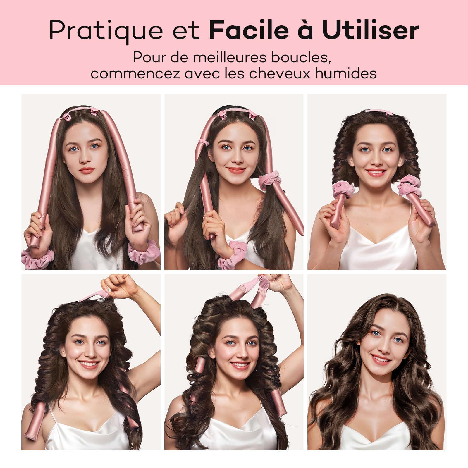 Umisleep Tresseur Sans Chaleur,Set de Boucles en Soie Protège les Cheveux,Tresseur de Boucles 99cm pour la Nuit,Bande DIY pour Boucles Sans Chaleur pour Cheveux Longs (Rose)
