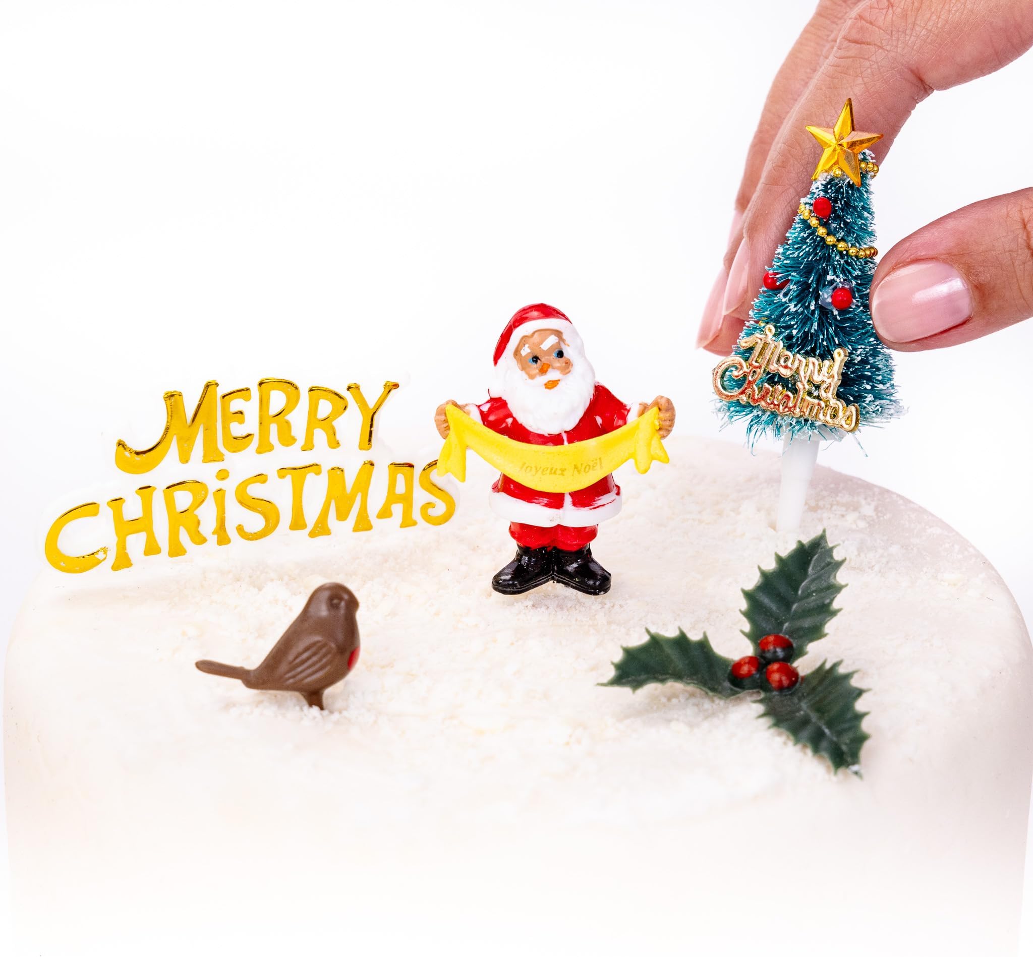 Christmas Cake Decorations Toppers 5 Piece Set - 3D Santa, Robin, Christmas Tree, Holly & Merry Christmas Sign - Non-Edible Reusable Cupcake Topper