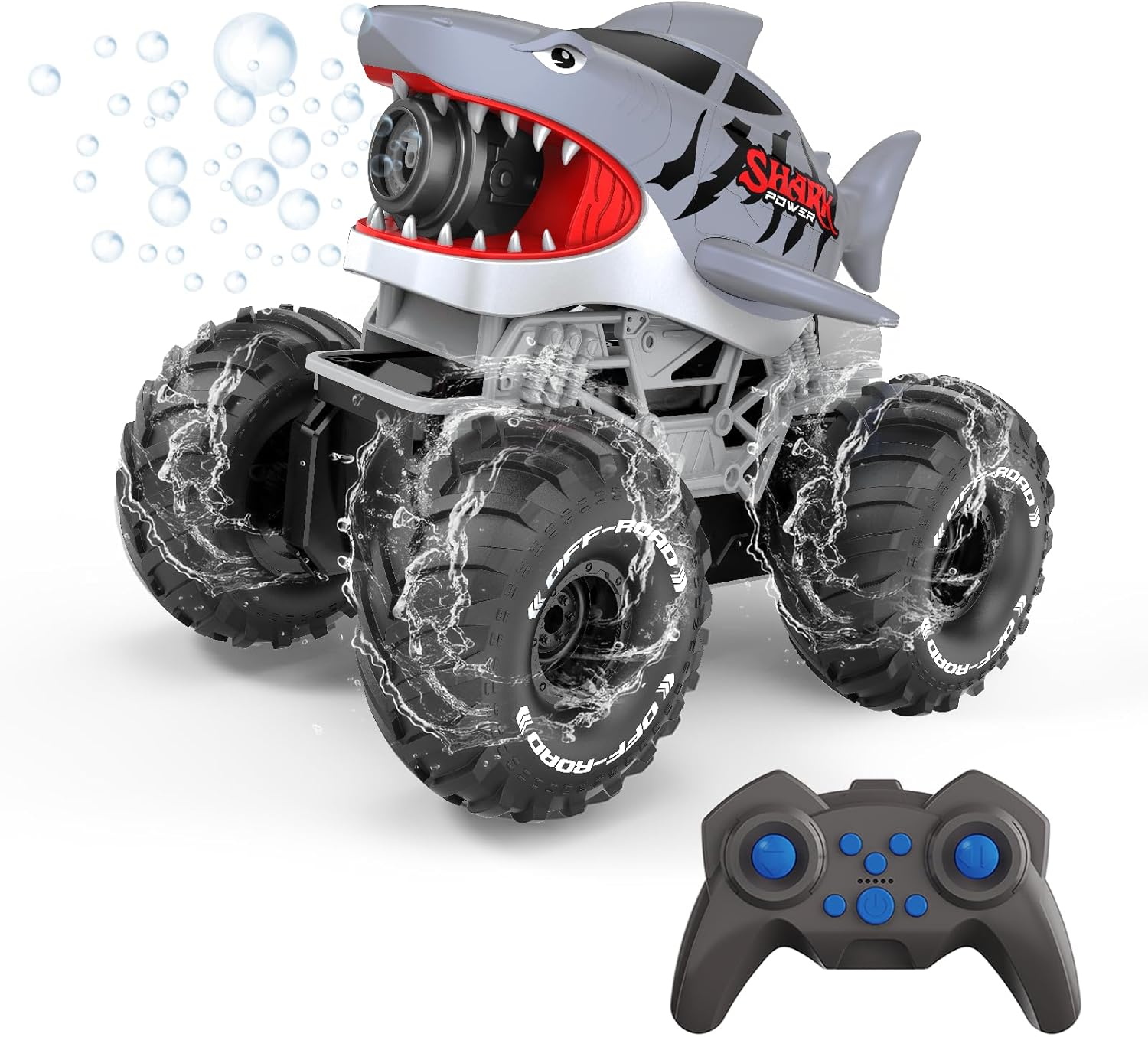 Amphibious RC Monster Truck with Bubble Maker for Kids 4-7 8-12, 4WD All-Terrain Waterproof Shark Remote Control Car Truck, 2.4GHz Remote, 360° Rotation, RC Car Water Summer Toys for Boys