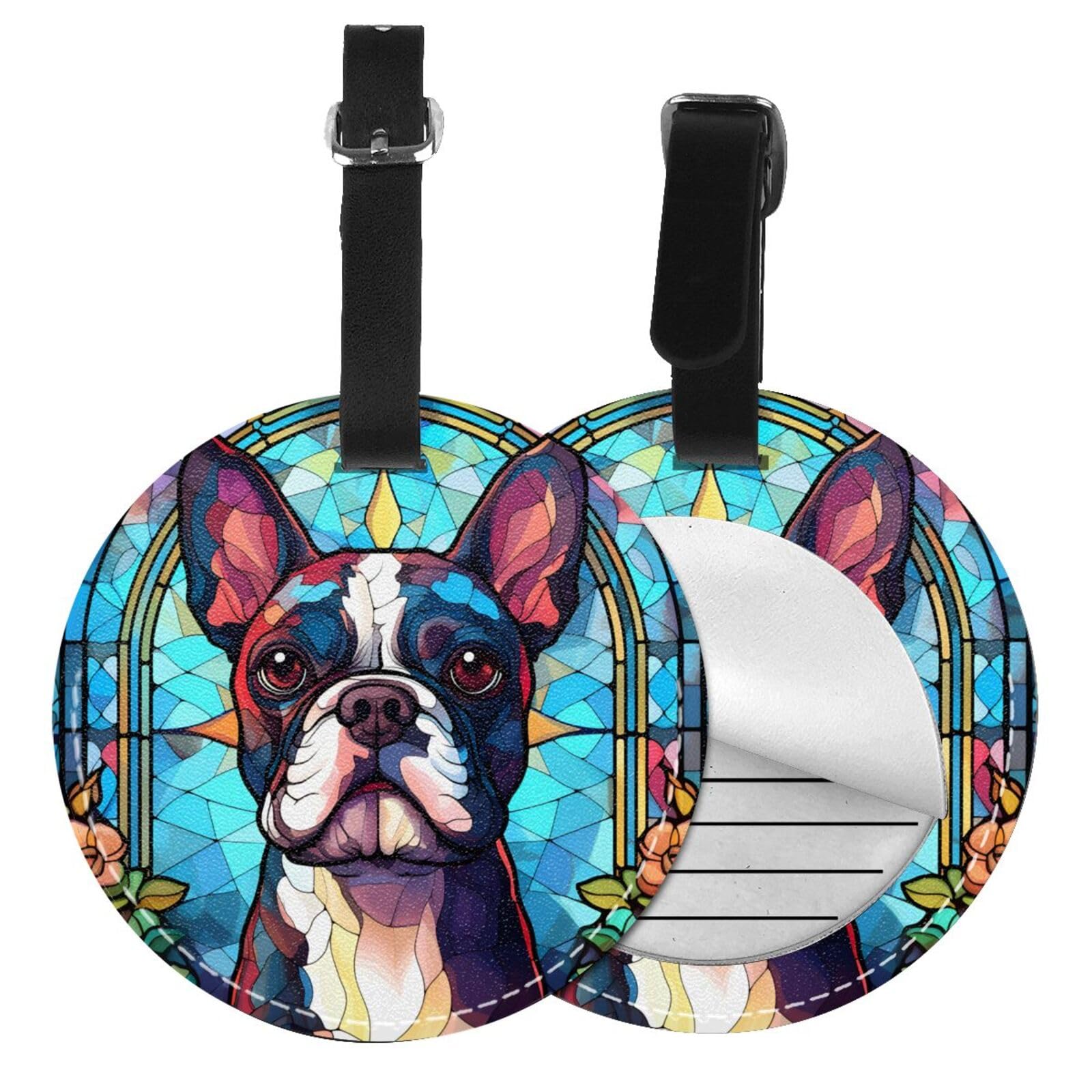 Boston Terrier Stained Dog Breed Glass Art 2 Pcs Luggage Tag for Suitcase,Name Bag Tags, Round Baggage Identifiers with Privacy Cover,Leather Id Label