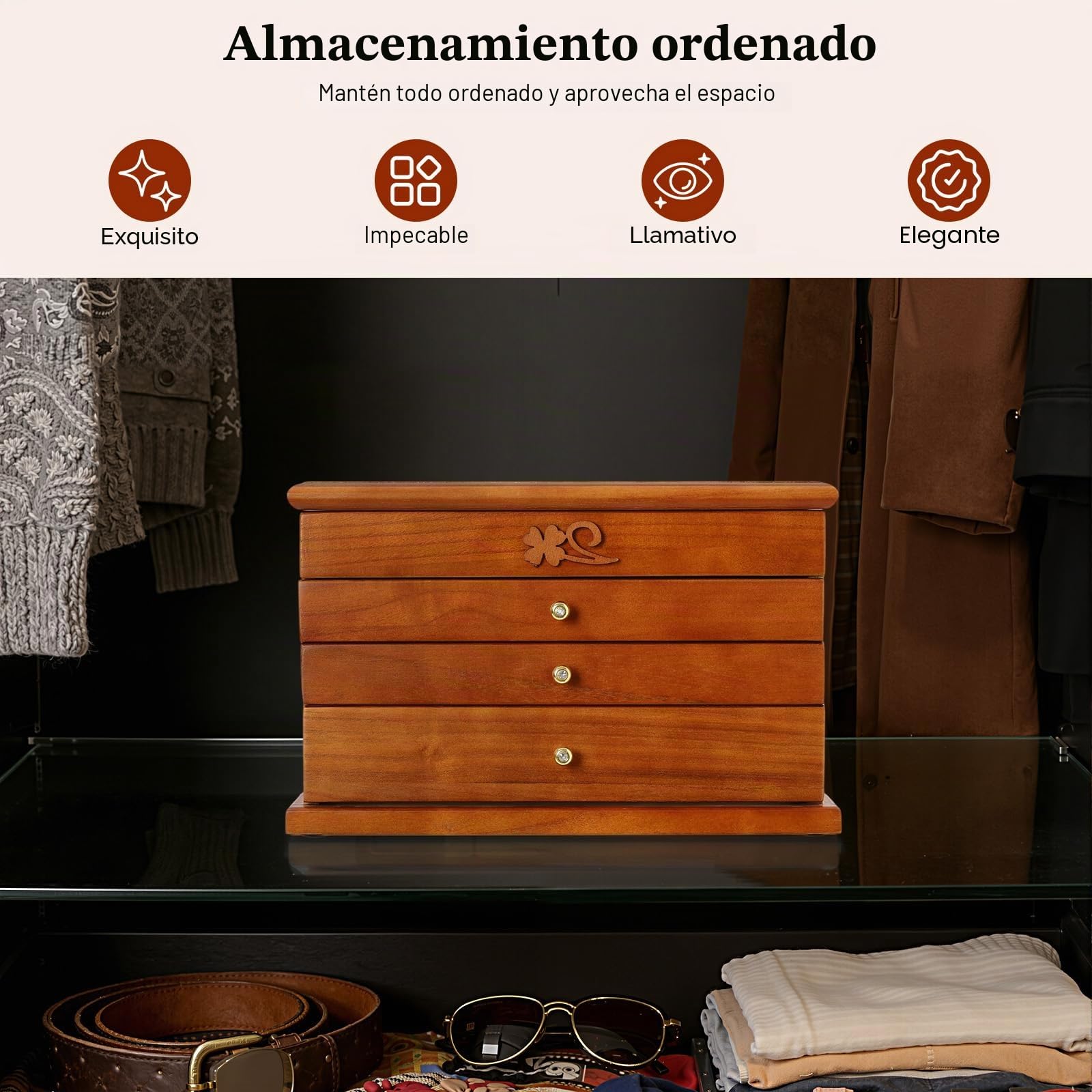 Joyero para mujer, joyero grande con 4 niveles, de madera, 31 x 19,3 x 19,7 cm, con asa para anillos, pendientes, collares, pulseras, etc