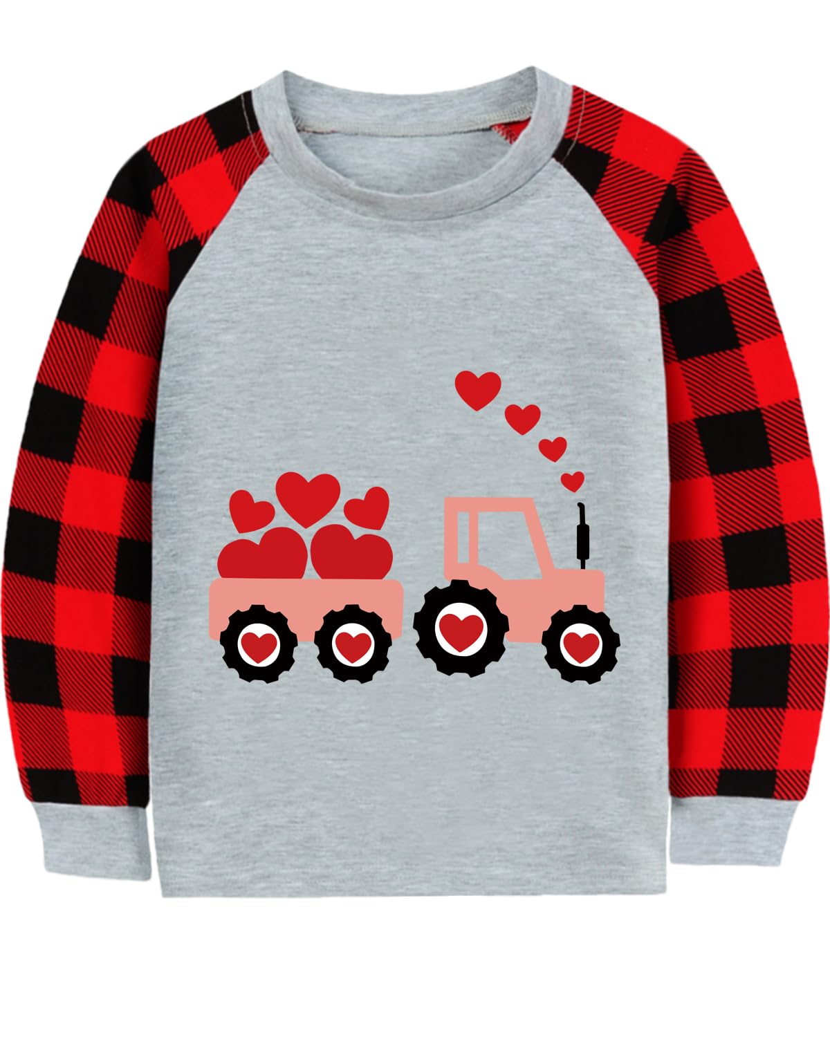 CM-Kid Toddler Boys Valentine Shirt Monster Truck Dino Train Heart Tshirt Red Plaid Long Sleeve Tops for Kids 2-7 Years