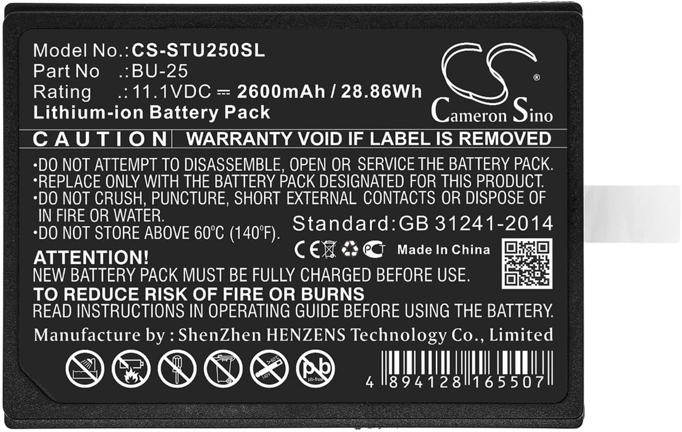 Cameron Sino Battery for Sumitomo Fusion Splicers BU25, Type-25, Type-25e PN:Sumitomo BU-25 2600mAh / 28.86Wh