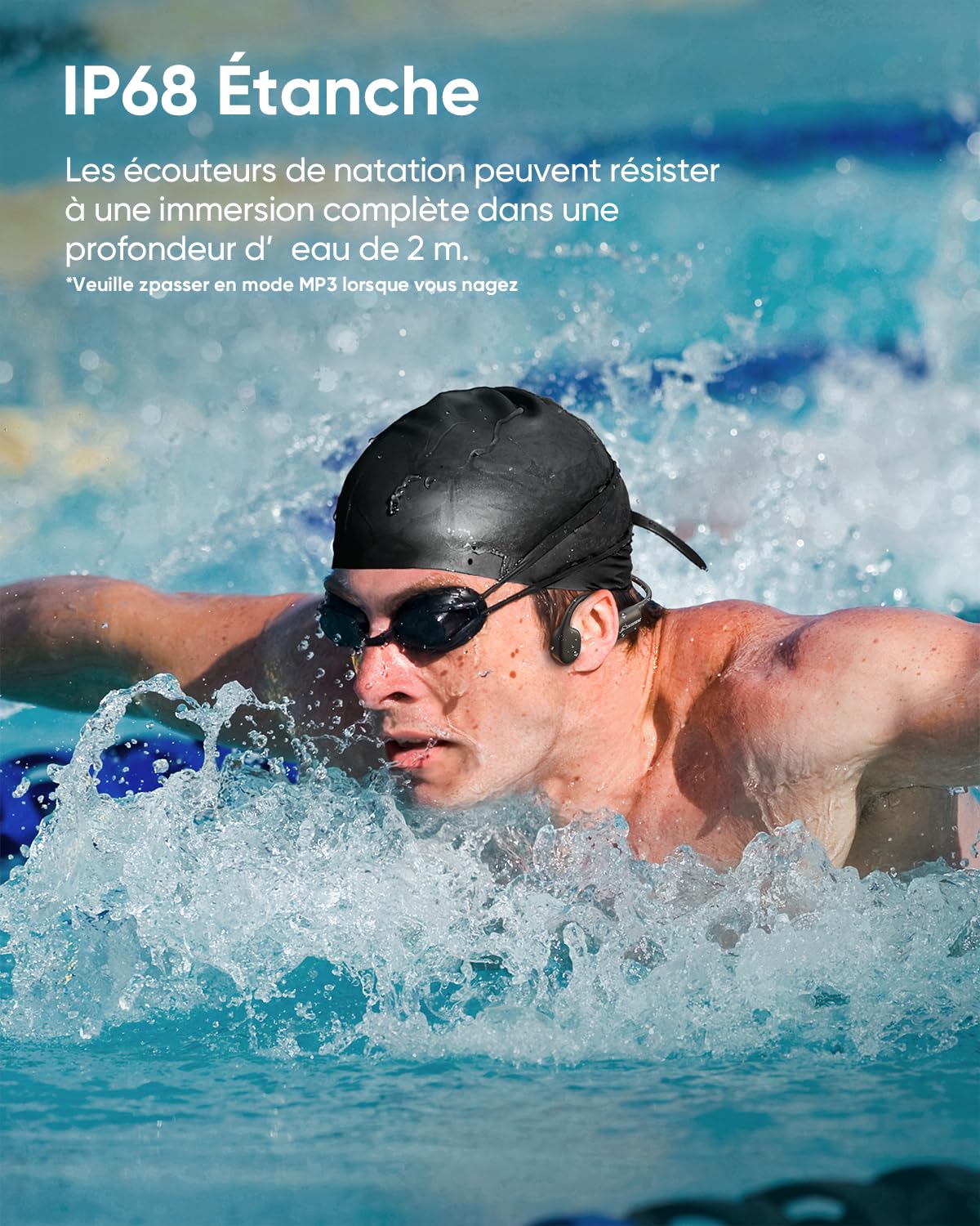 Casque Conduction Osseuse, Écouteur Natation À Bluetooth 5.4, Étanche IP68, mémoire 32 Go intégrée, Casque Open-Ear, Écouteur Natation sans Fil pour Sport-Noir