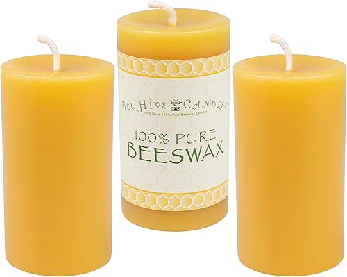 Bee Hive Candles - Vela de pilar de cera de abeja 100% pura (2" x 3" (paquete de 3)) Velas de cera de abeja natural Sin soja, parafina y fragancia
