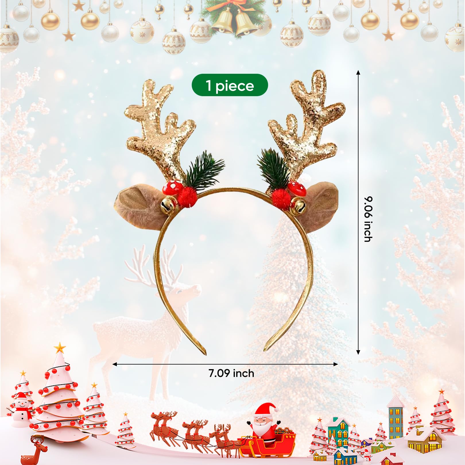 Christmas Headbands for Adults,Gold Xmas Headband Accessories Women Sparkly Reindeer Hairband Head Hair Bands Gifts Sparkly Funny Antlers Ears Christmasheadband for Girls Festive Party Supplies - Image 2