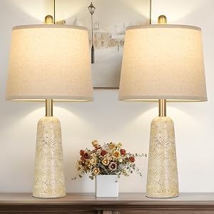 Rinweey 24" Travertine Inspired Table Lamps Set of 2, Modern Minimalist Concrete Bedside Lamps for Bedroom Nightstand, Faux Stone Table Lamps for Living Room End Table, Beige (2 LED Bulbs Included)