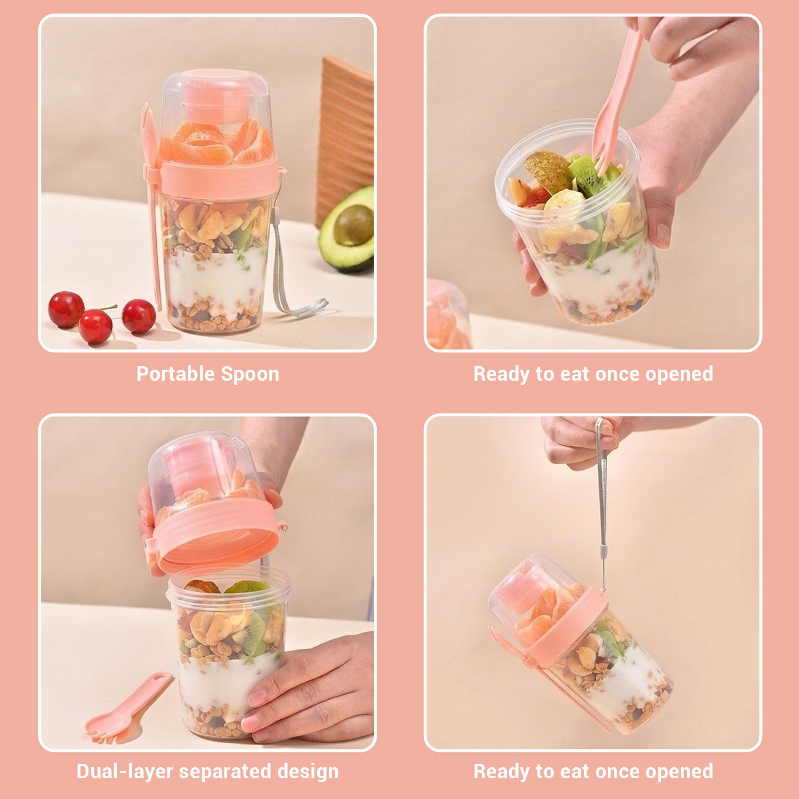 4er Set Müslibecher to Go mit Löffel, Wiederverwendbare Joghurt-Parfait-Becher, Overnight Oats Gläser, Auslaufsicher joghurtbecher to go für Müsli To Go Becher, Joghurt To Go Becher, Müslicup