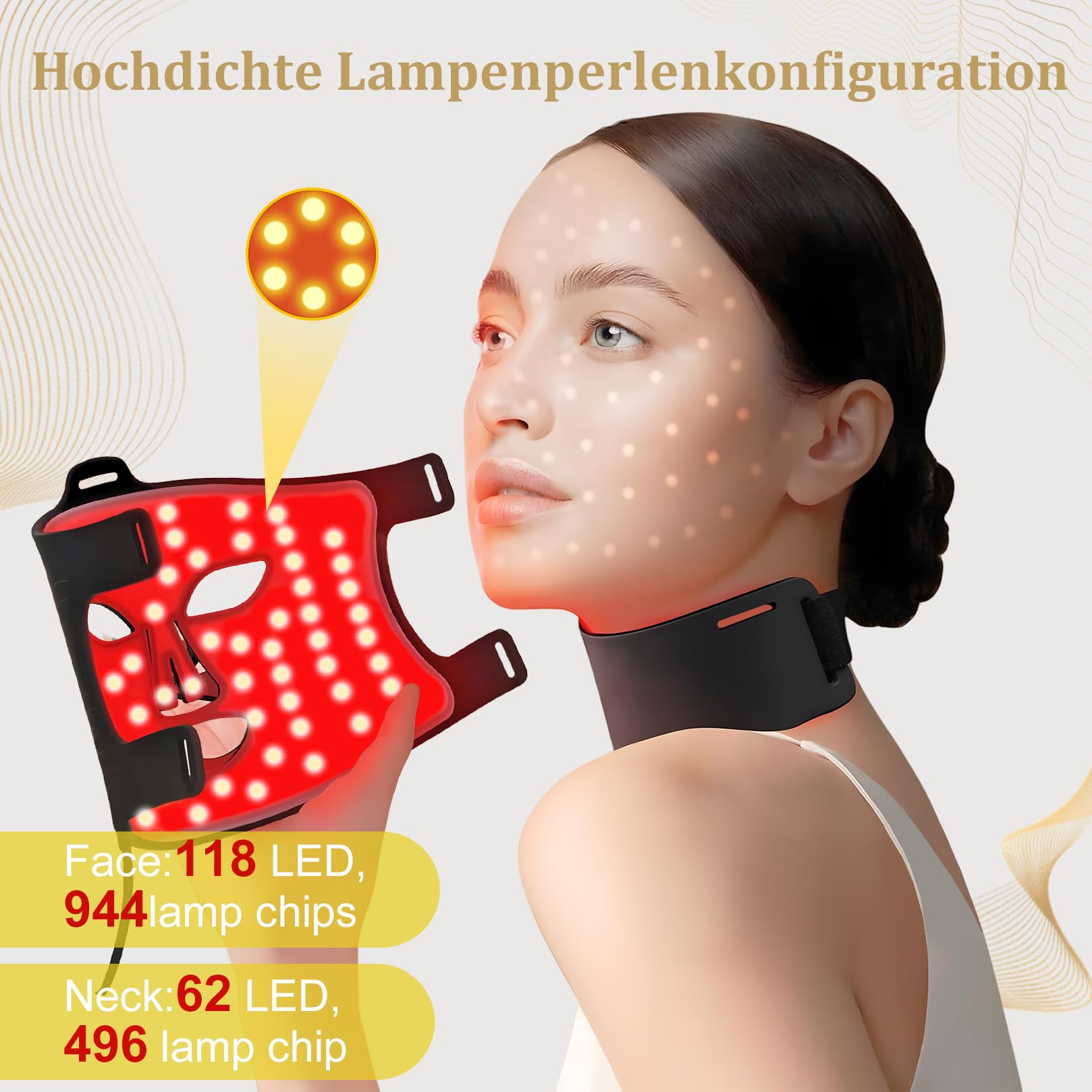 NEEMOSI Maschera LED Per Terapia Della Luce e Collo, LED Mask Rossa Infrarossa a 7 colori, con 180 Perle, 1440 Chip, Maschera Luce Rossa Viso Per Tutti i Tipi di Pelle.(Oro nero)