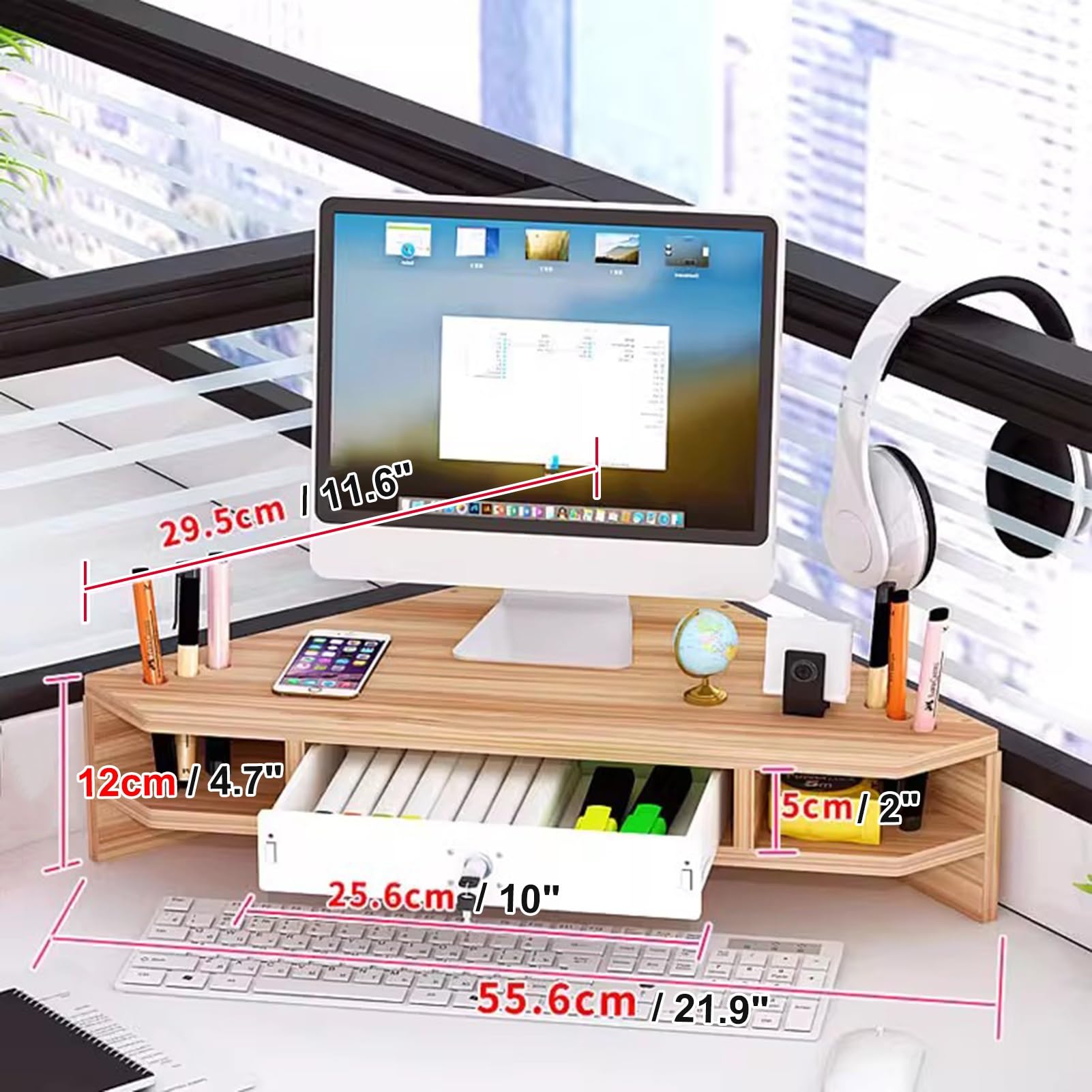 Supporto angolare per monitor a 2 livelli, triangolare, con cassetto, ergonomico, per scrivania, in legno naturale
