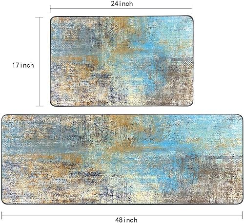 Vista 55 de TOMWISH - Tapetes de cocina para piso, color turquesa, gris, abstracto, pintura artística, 17 x 48 + 17 x 24 pulgadas, juego de alfombras de cocina