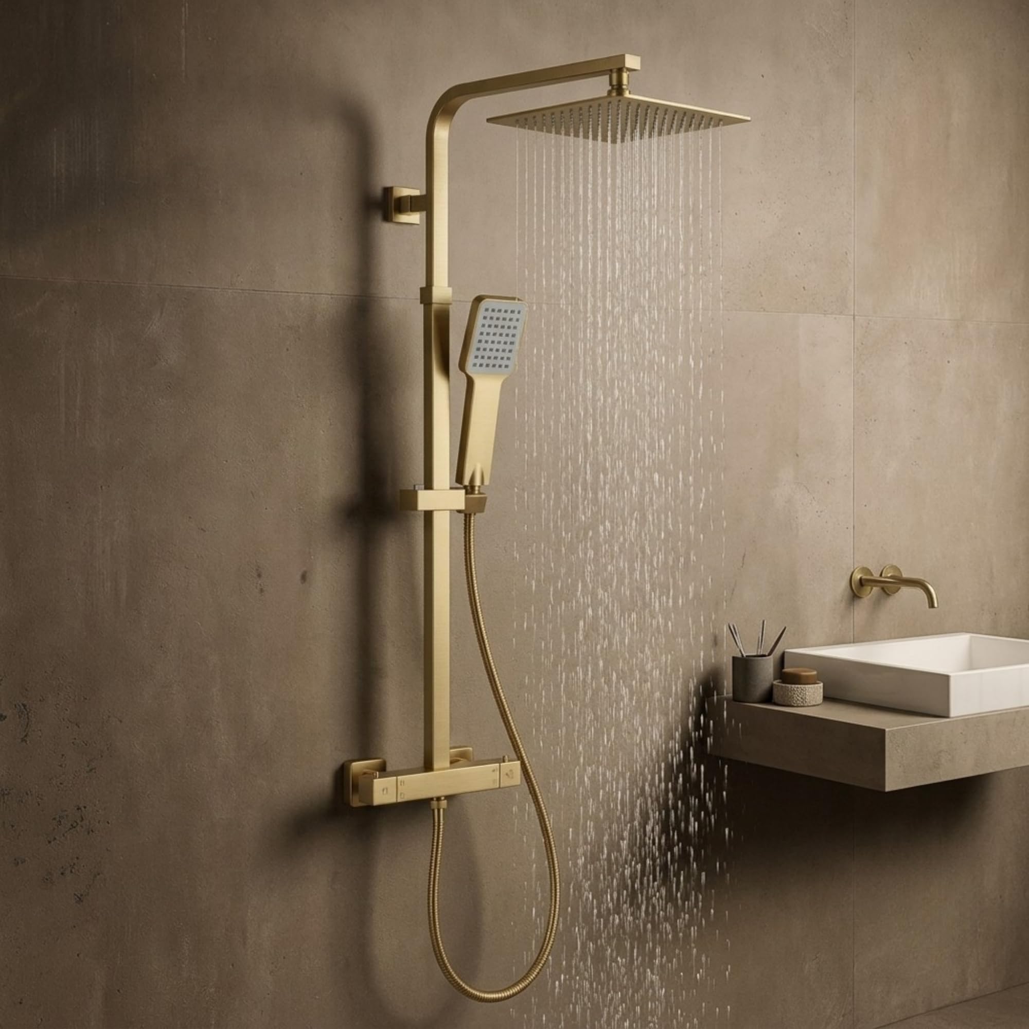 ARKO Thermostatic Mixer Shower, 38 Degree with Slim Overhead Rain Shower and Handheld Mixer Square, Brass