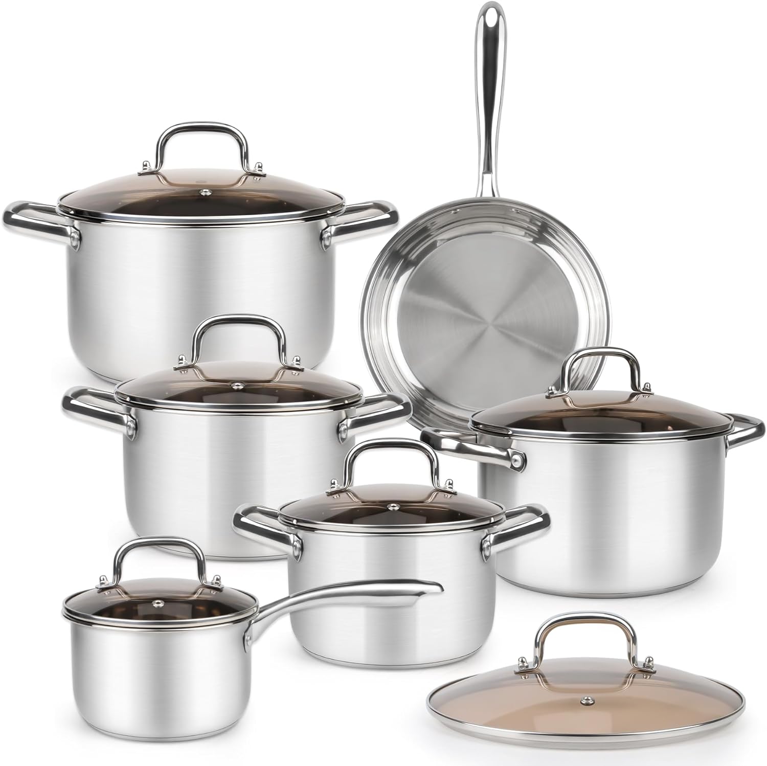 12-Piece Stainless Steel Cookware Set, Tri-Ply Bottom Pots and Pans Set, Compatible with All Stovetops, Stackable and Space-Saving, Perfect for Home and Outdoor Thumbnail