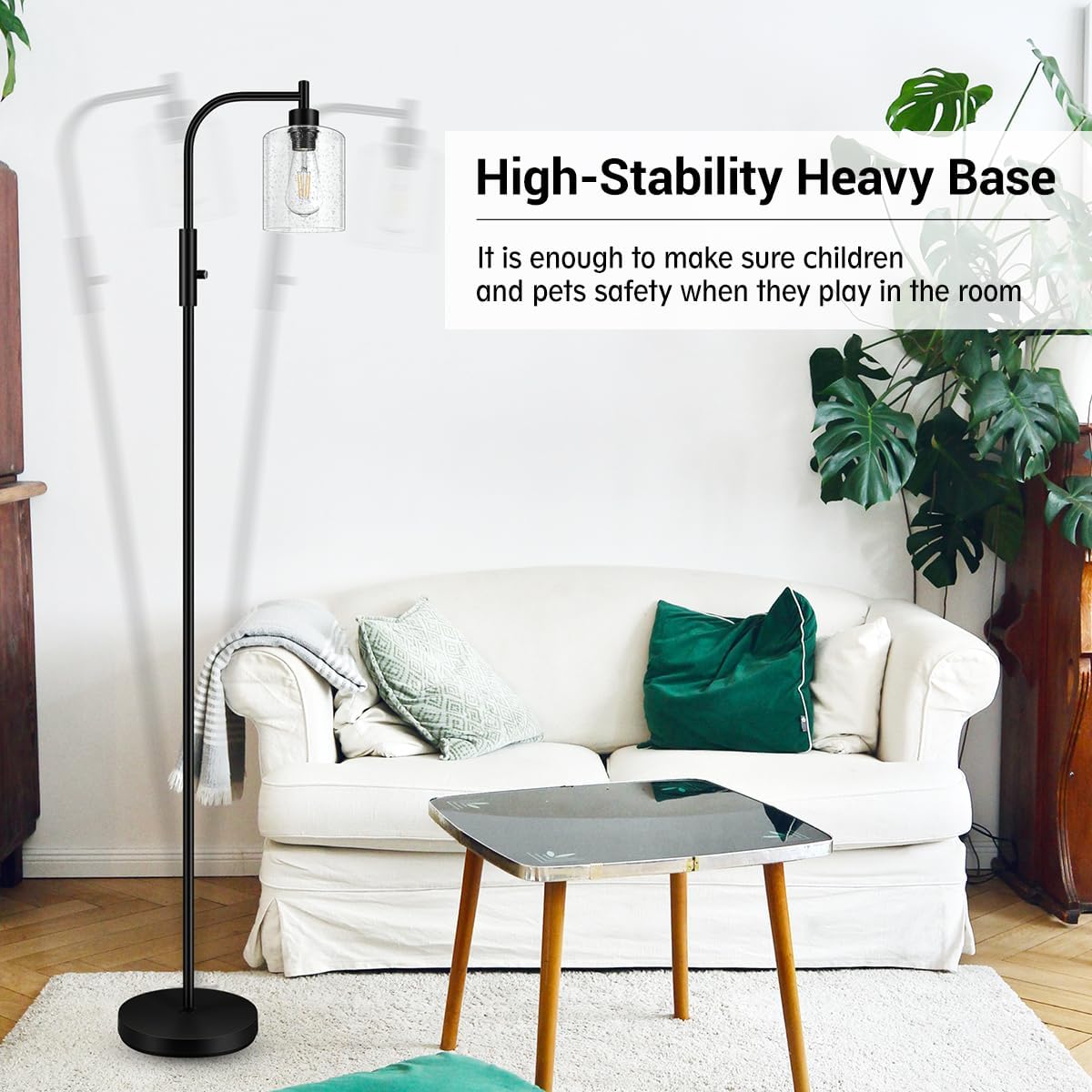 BoostArea Dimmable Standing Lamp with Seeded Glass Lampshade, 6W LED Bulb Included, Modern Industrial Lamp for Living Room, Bedroom, Office