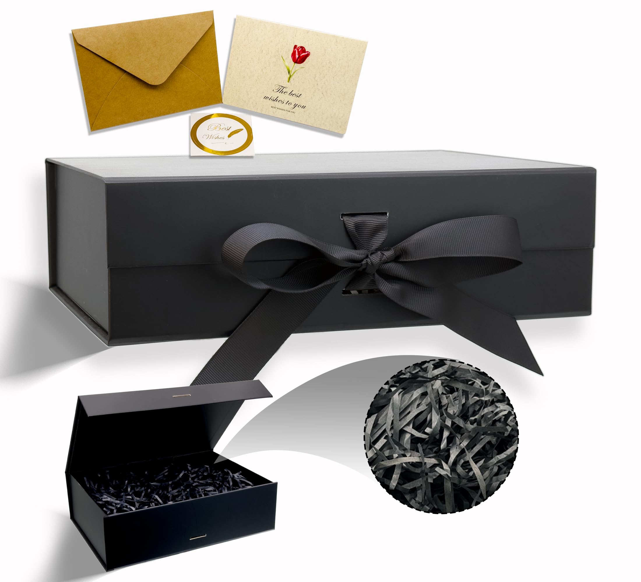 RUIXUE Black Gift Box 10.2x7.5x3.3 Inches,Gift Boxes with Lids Greeting Cards and Shredded Paper,Gift Boxes for Presents,Suitable for Gift Wrapping Birthday Wedding Christmas.