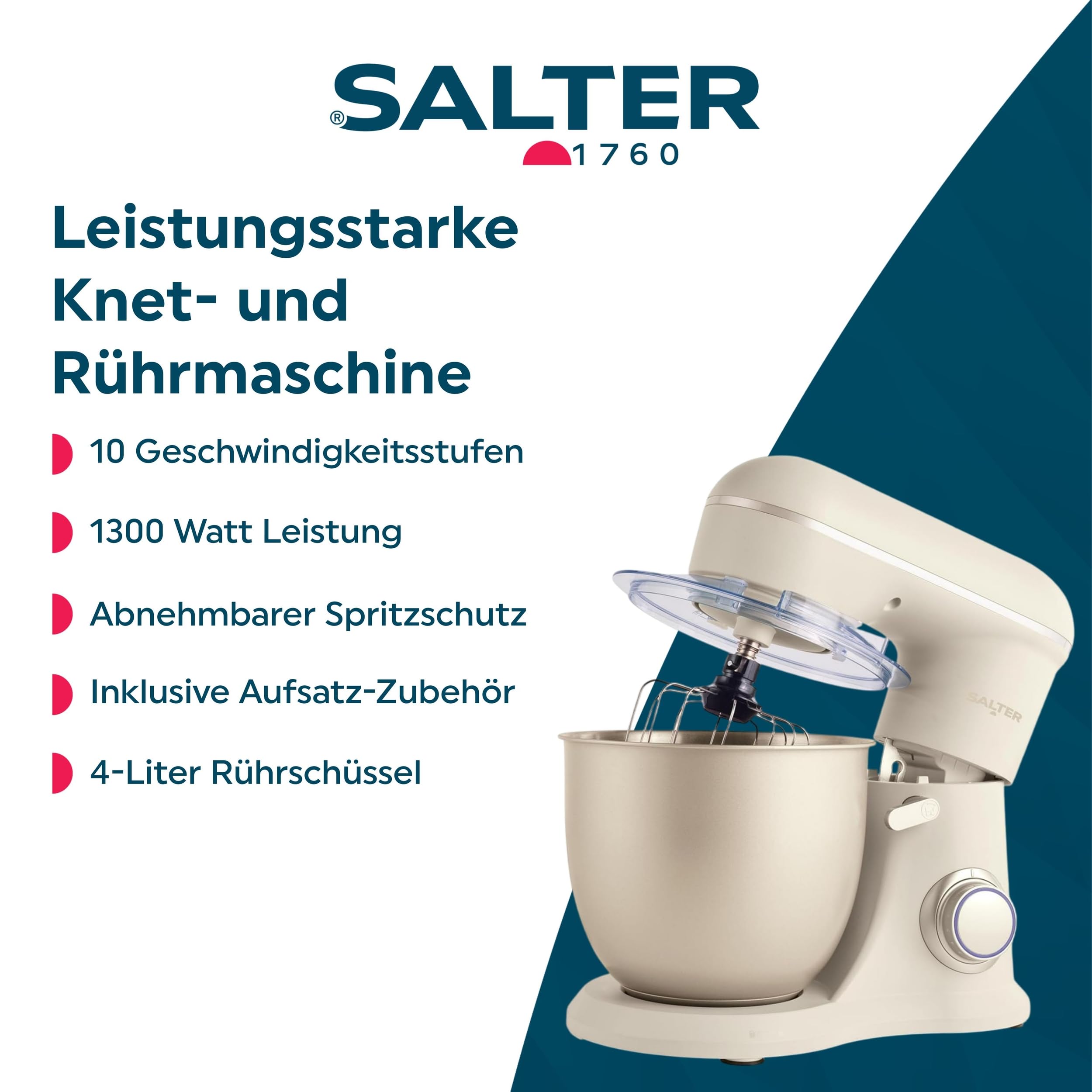 Salter EK5511SBOVDE Elektrische Standmixer - Rührer mit 4 Liter Rührschüssel, 10 Geschwindigkeitseinstellungen mit Pulse-Funktion, Abnehmbar Spritzschutz, Rührbesen, Teigknete- und Rühraufsatz, 1300W