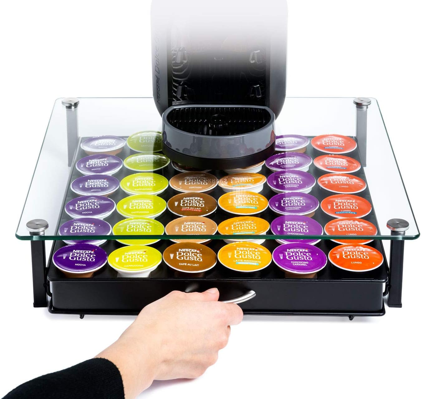 Fusoris New Dolce Gusto capsule holder, coffee dispenser, made with metal and tempered glass, stand for dolce gusto capsules, storage for capsules dolce gusto, dolce gusto capsule dispender