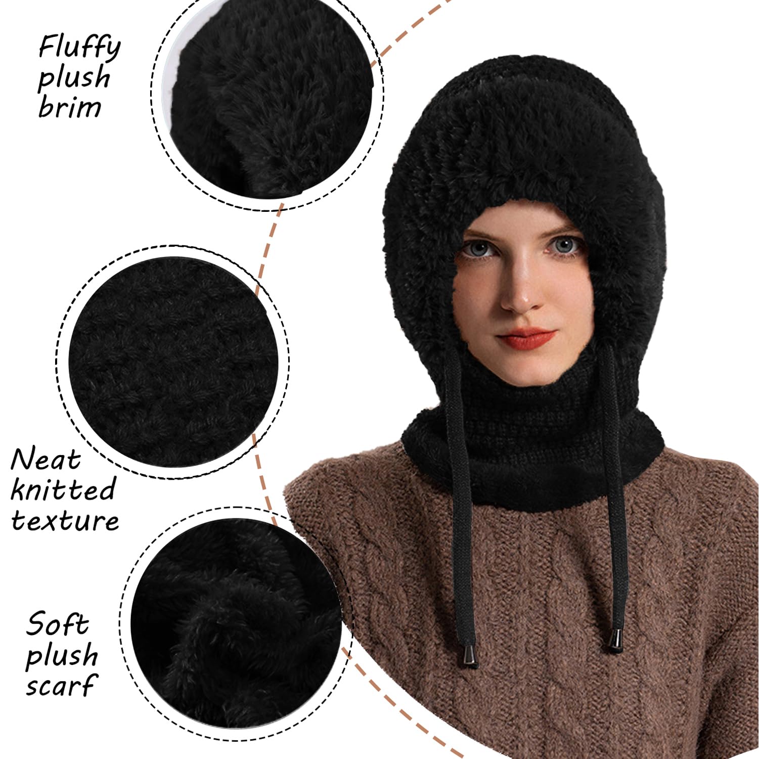 Pasamontañas Invierno Mujer Cálido Sombrero con Cordón Gorro Invierno con Capucha Bufanda Balaclava Multifuncional Beanie Skull Cap para Clima Frío Esquí
