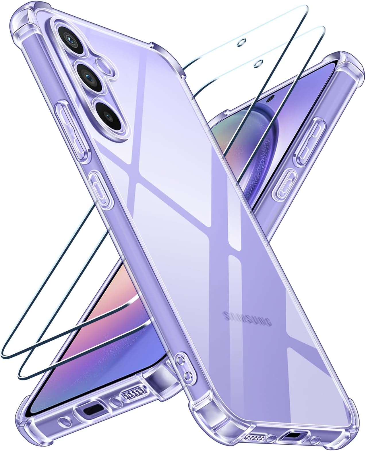 ivoler 3 in 1 Clear Case for Samsung Galaxy A54 5G with 2 Pieces Tempered Glass,[Never-Yellow] [Military Protection] [Camera Protection] Transparent Anti-Shock Protective Cover-clear