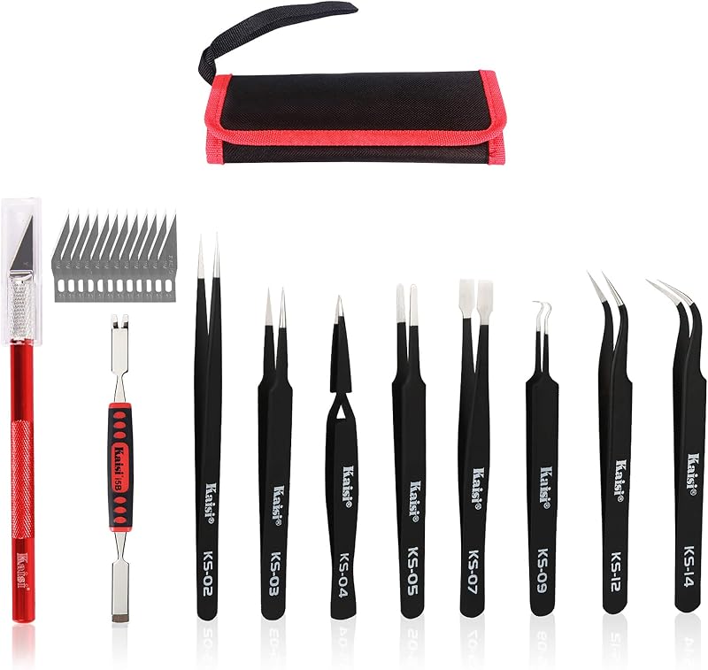 Juego de pinzas de precisión Kaisi, juego de 10 pinzas ESD, kit de pinzas antiestáticas de acero inoxidable, pinzas curvas para manualidades, joyería, electrónica, trabajo de laboratorio