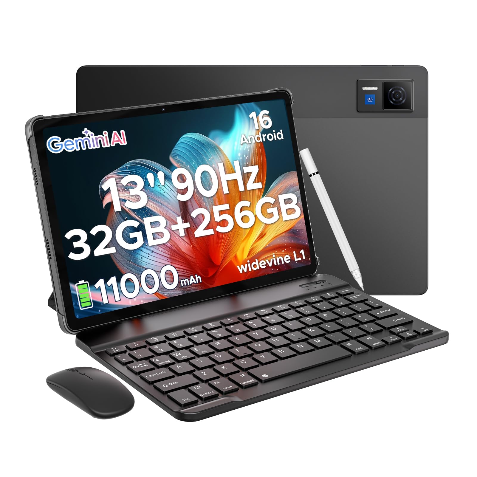 DOOGEE U13 Android 16 Tablet 13 Pollici, 32GB+256GB, 11000mAh Batteria+7,5 mm Telaio, UNISOC T7280 Octa Core, 13MP+5MP Tablet con Tastiera, Quattro Altoparlanti/Widevine L1/Face ID/GPS/BT5.0/OTG- Nero